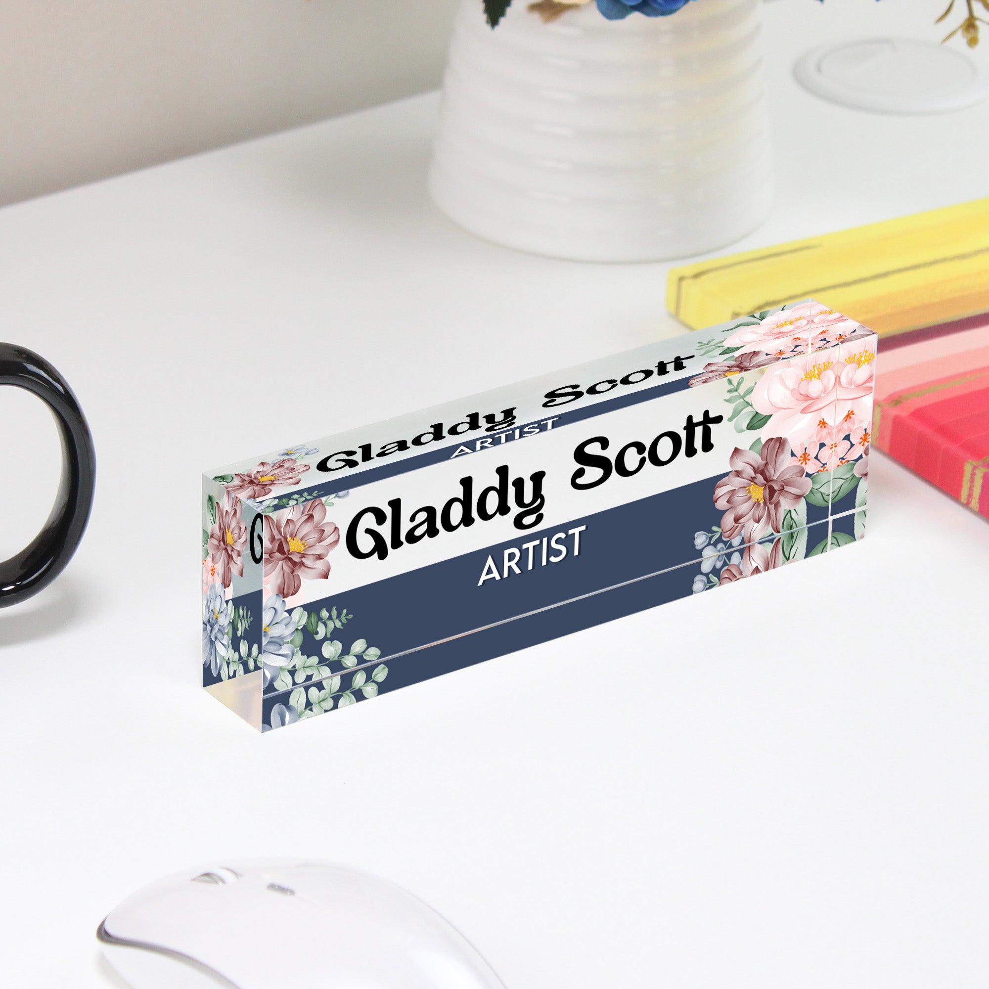 Personalized Floral Acrylic Desk Block with Name and Title - Custom Gift for Artists and Creatives - Image 4