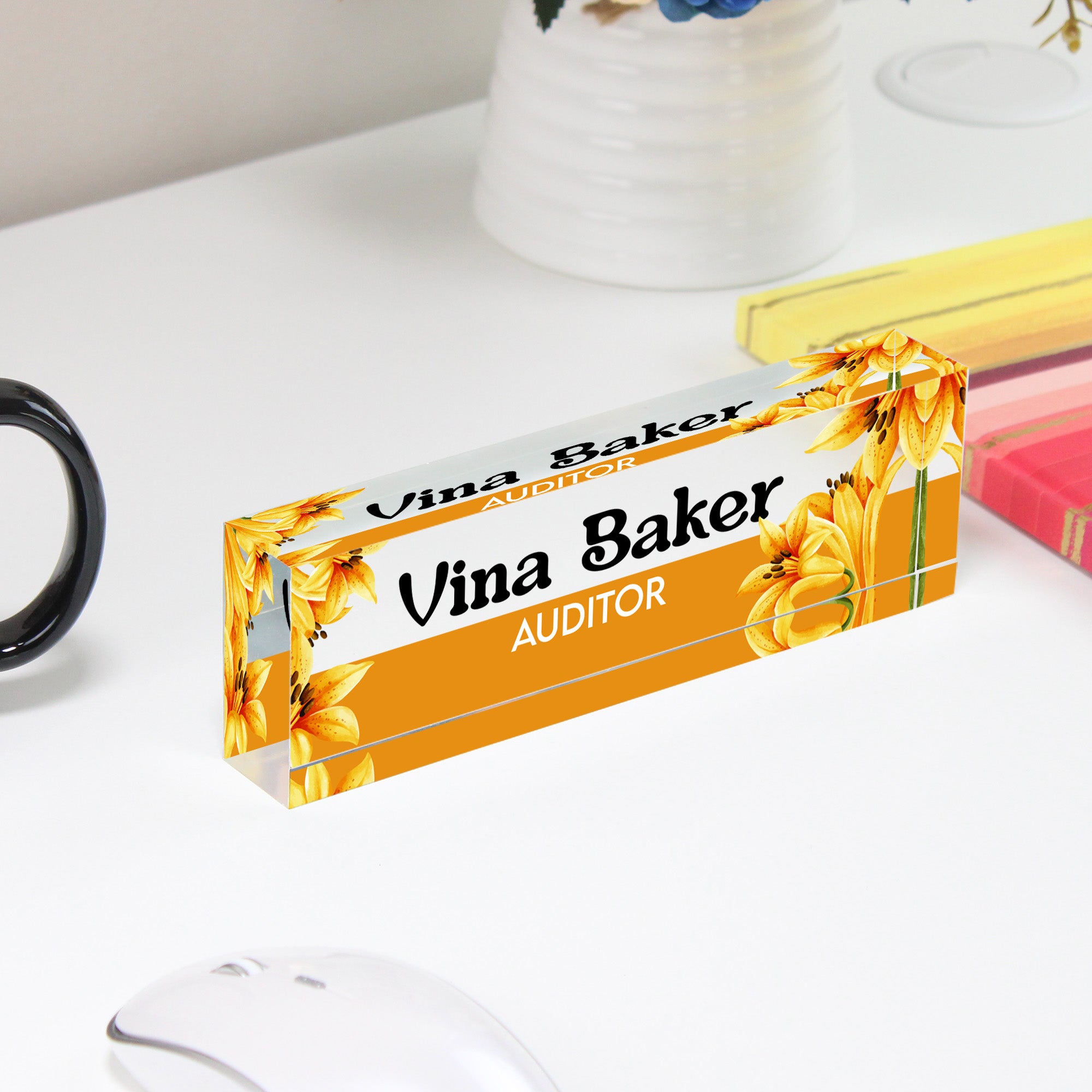 Personalized Floral Acrylic Desk Block - Custom Name & Title, Perfect Gift for Professionals and Special Occasions - Image 4