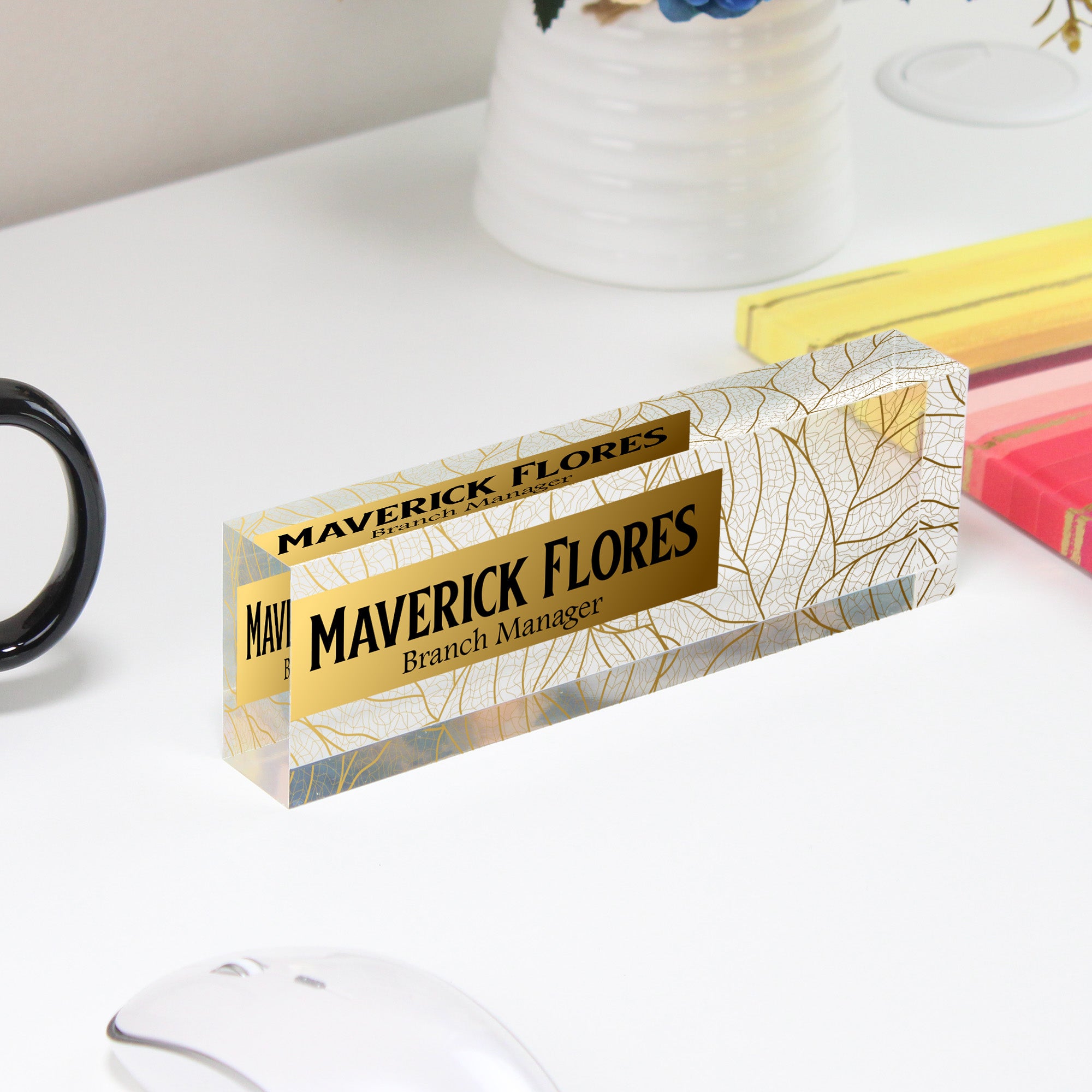 Personalized Acrylic Desk Name Block - Elegant Gold Leaf Design for Office or Home Decor - Perfect Gift for Professionals and Loved Ones - Image 4