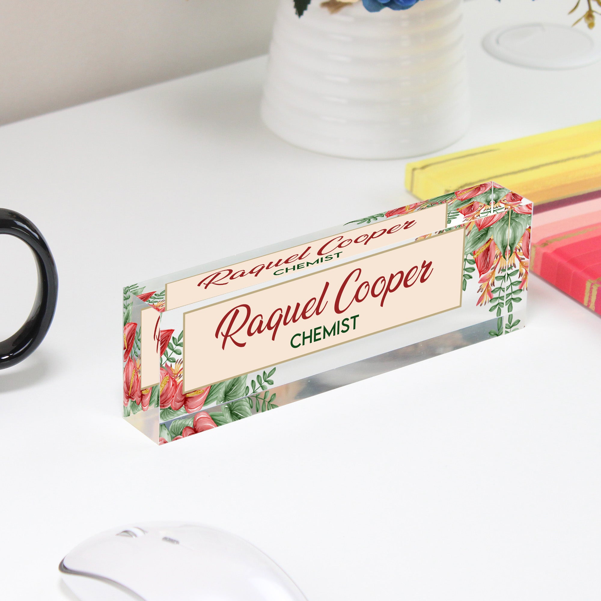 Personalized Acrylic Desk Nameplate with Floral Design - Customizable for Chemists and Professionals, Perfect Gift for Workspaces - Image 4
