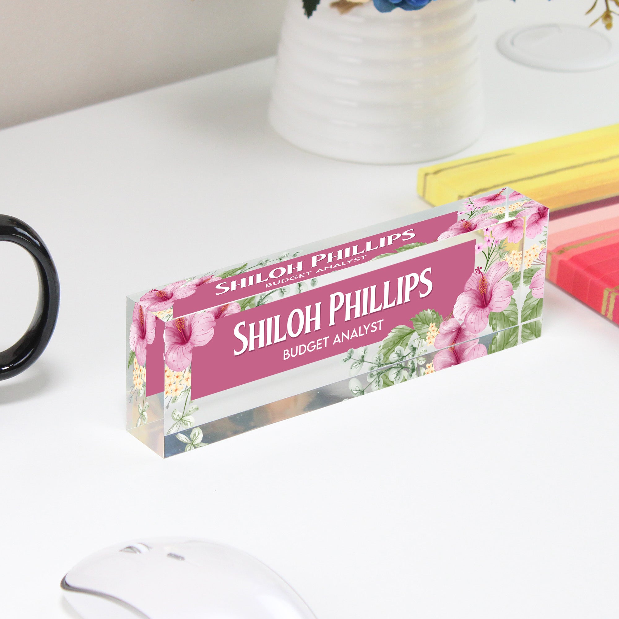 Personalized Floral Acrylic Desk Name Plate - Custom Office Decor for Budget Analysts and Professionals - Image 4