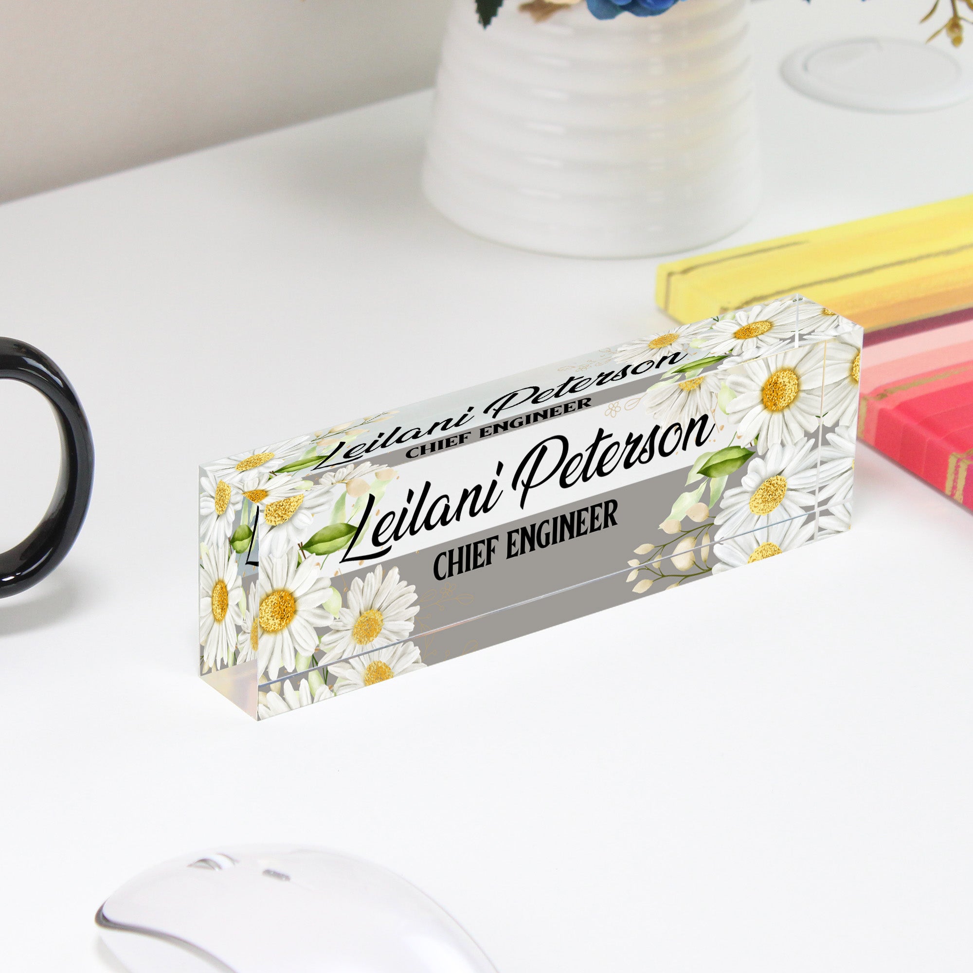 Personalized Floral Acrylic Desk Name Plate - Custom Engraved with Daisies Design for Office, Boss, or Gift - Image 4