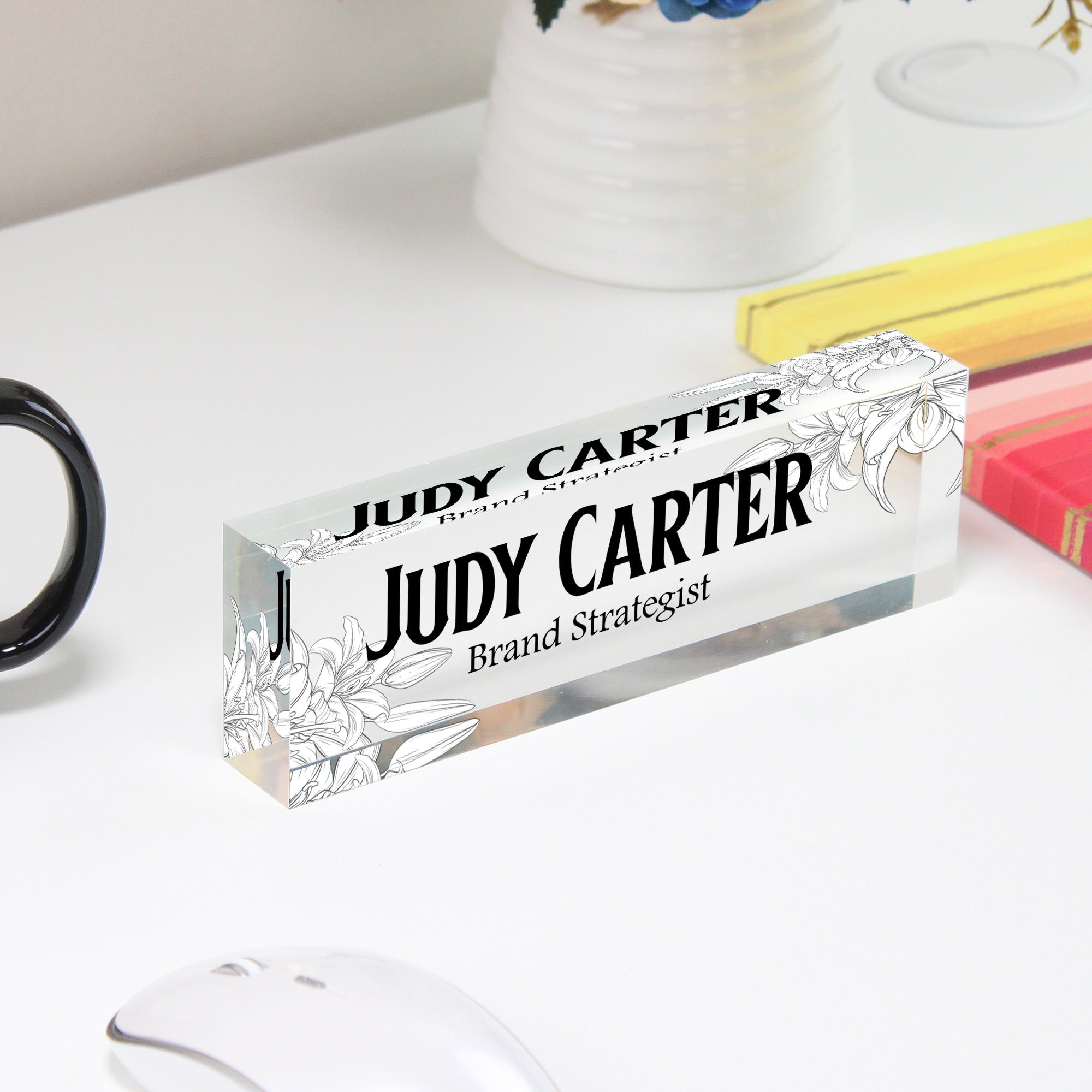 Personalized Acrylic Desk Name Plate with Floral Design - Custom Office Decor for Brand Strategists and Professionals - Image 4