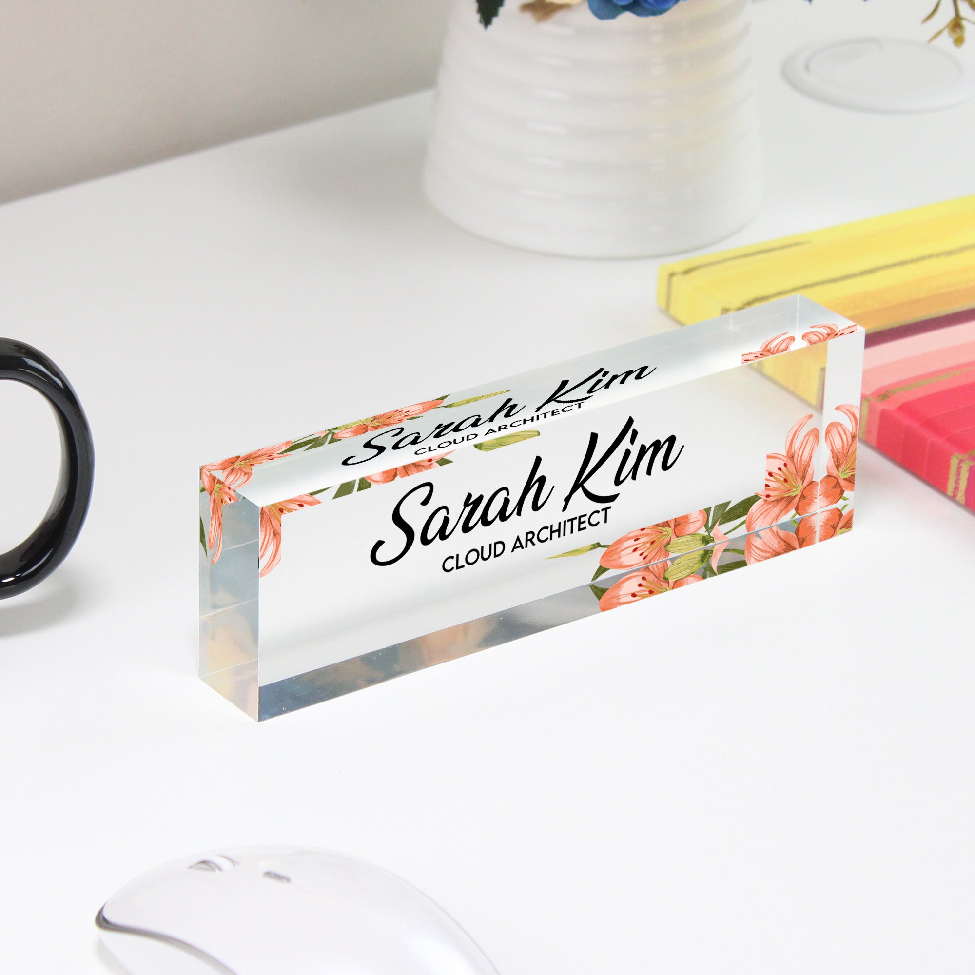 Personalized Floral Acrylic Desk Block - Custom Name & Title - Elegant Office Decor & Thoughtful Gift for Professionals - Image 4