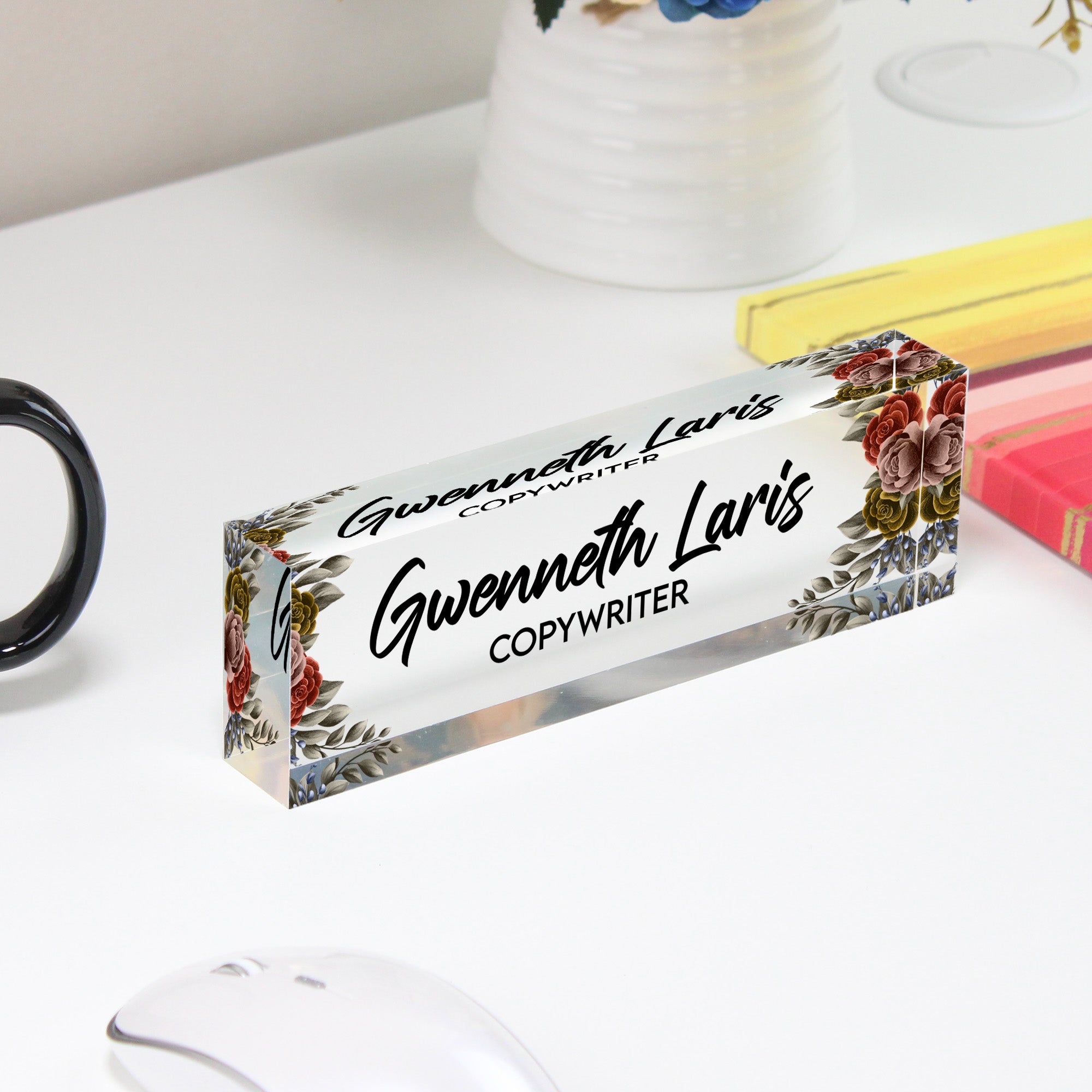 Personalized Acrylic Desk Block with Floral Accents – Custom Name & Title for Elegant Office Decor or Thoughtful Gift - Image 4