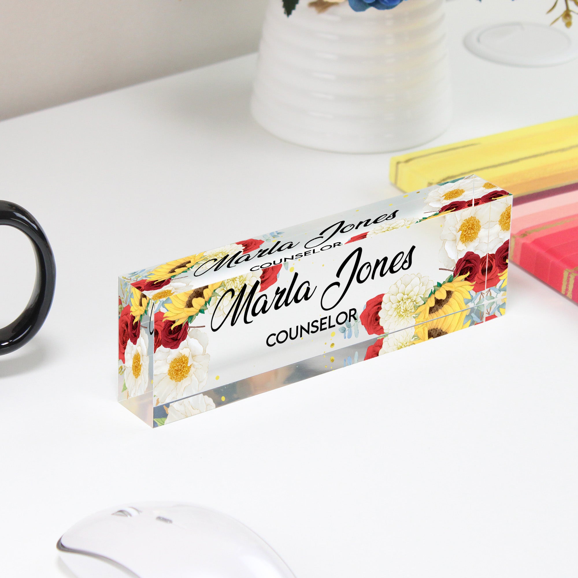 Personalized Floral Acrylic Desk Block Name Plate for Counselors – Elegant Office Decor and Thoughtful Gift Idea - Image 4