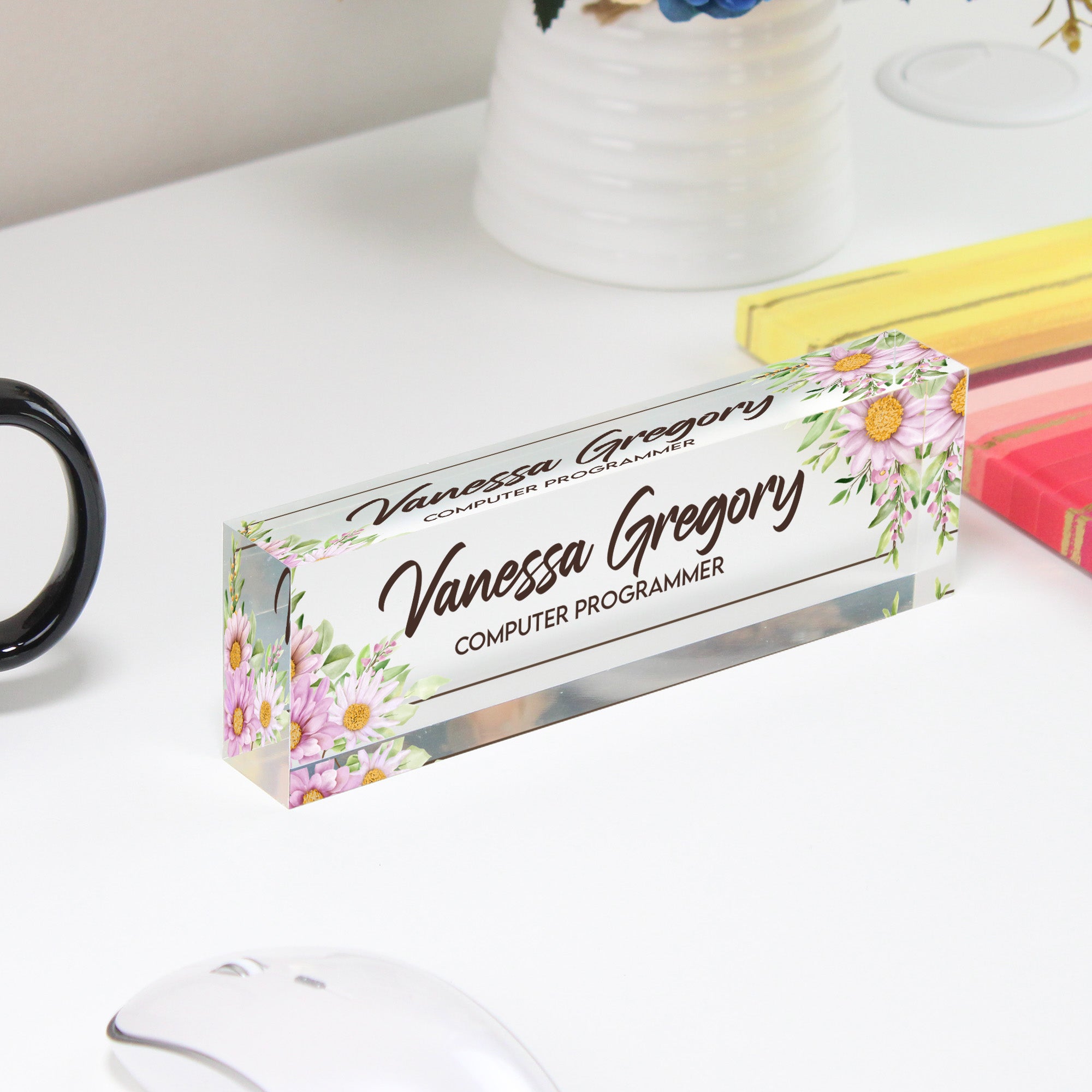Personalized Floral Acrylic Desk Block - Custom Nameplate for Computer Programmers - Artistic Gift for Professionals - Image 4