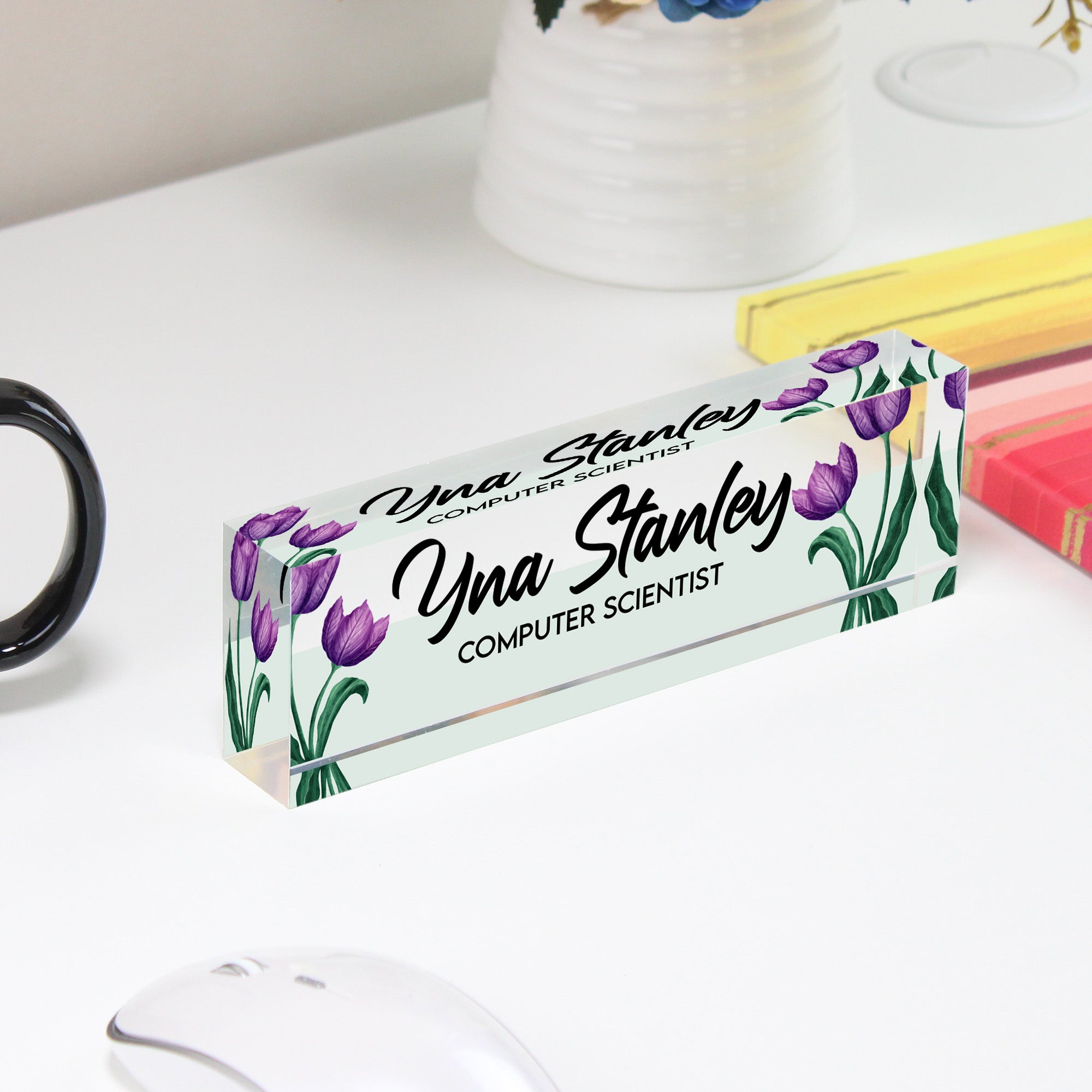 Personalized Acrylic Desk Block - Elegant Tulip Design with Custom Name and Profession for Thoughtful Gift Giving - Image 4