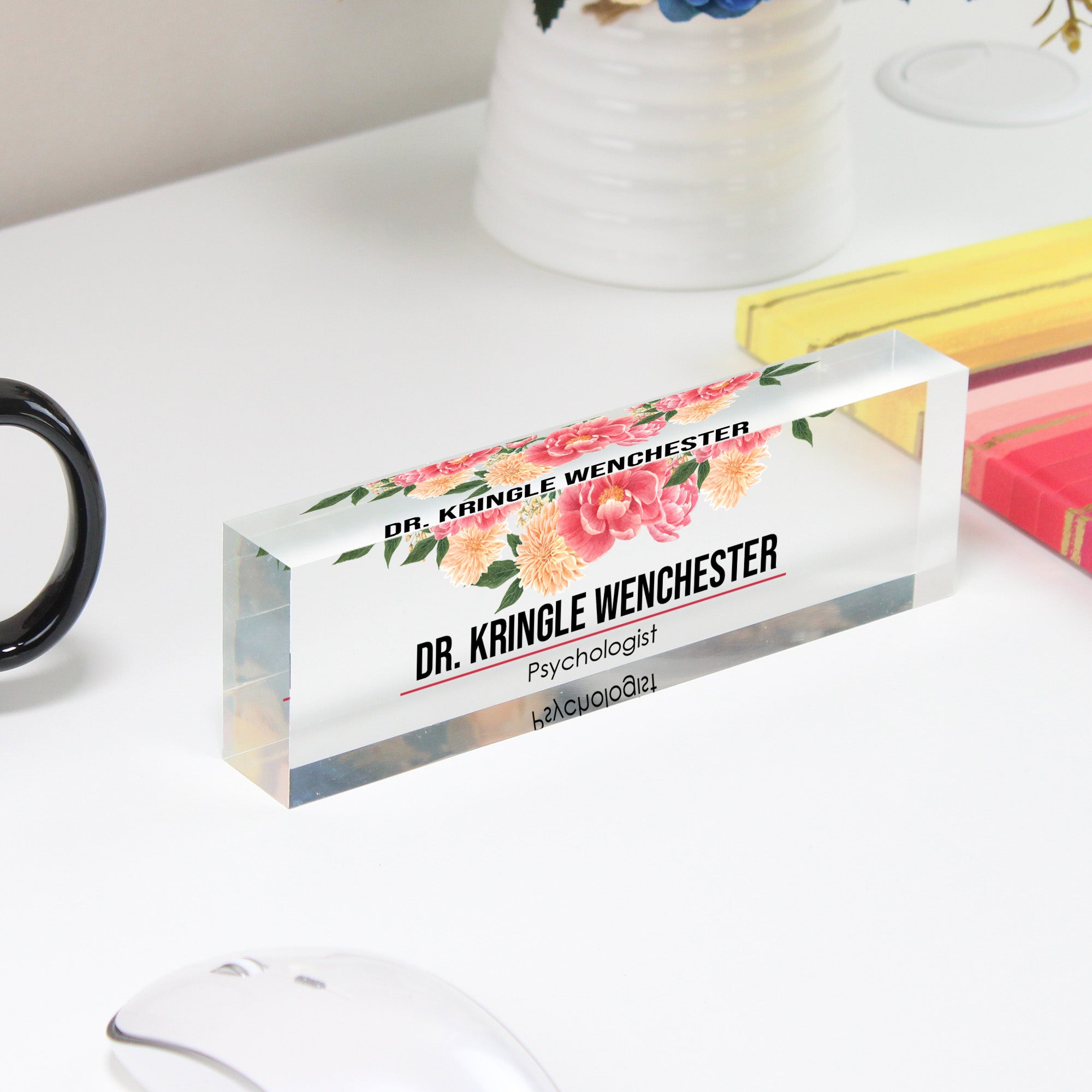 Personalized Acrylic Desk Block with Floral Design – Custom Name Plaque for Psychologists, Teachers, and Professionals - Image 4