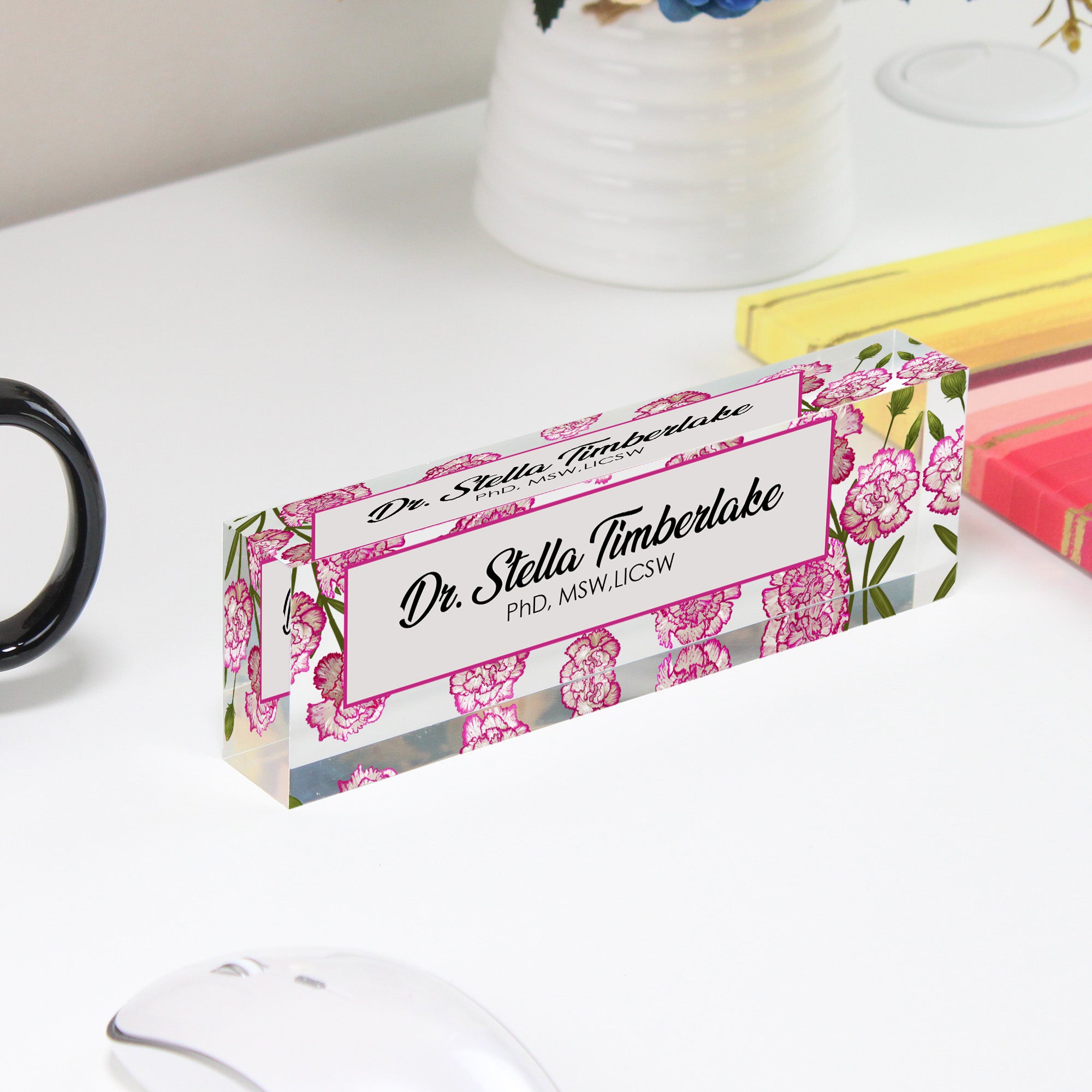 Personalized Floral Acrylic Desk Block – Custom Name Plate with Pink Carnation Design for Office Professionals - Image 4