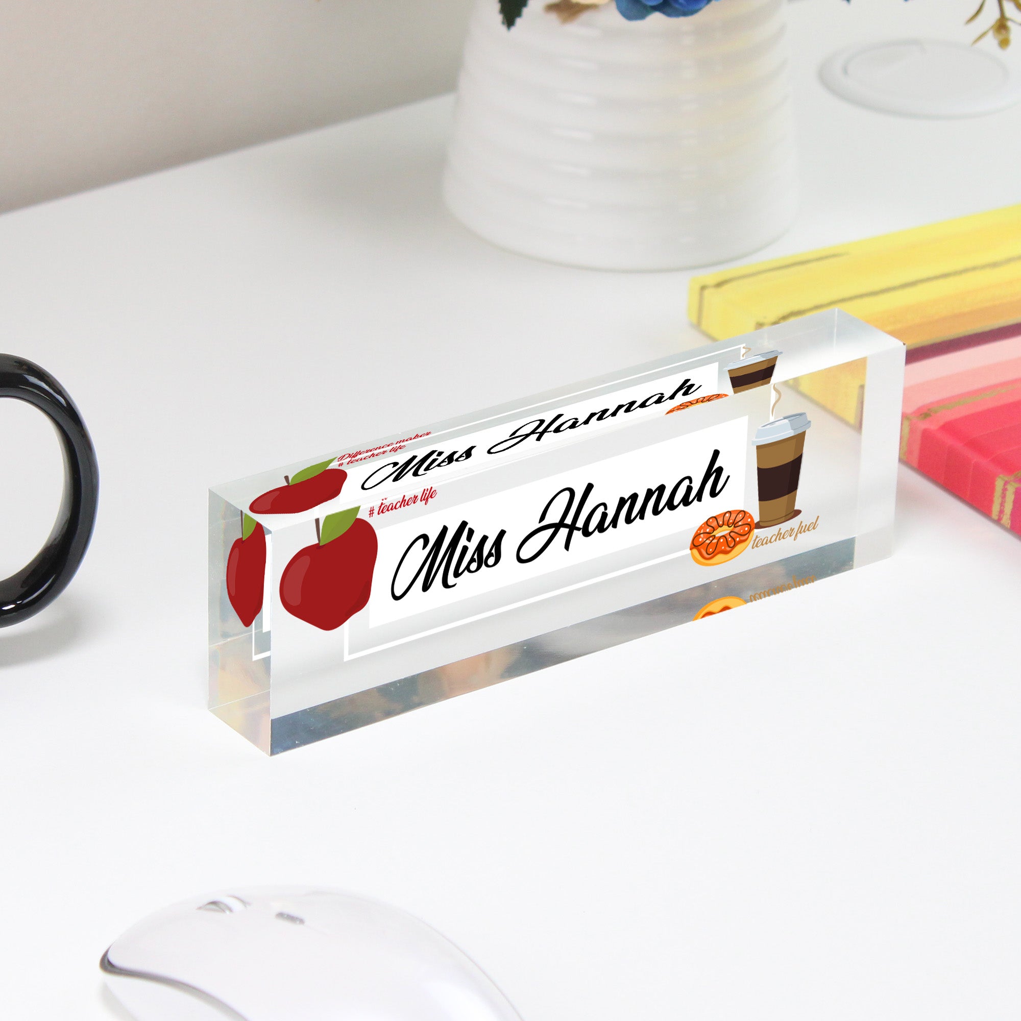 Personalized Acrylic Desk Block for Teachers - Custom Nameplate with Apple and Coffee Designs, Perfect Gift for Educators - Image 4