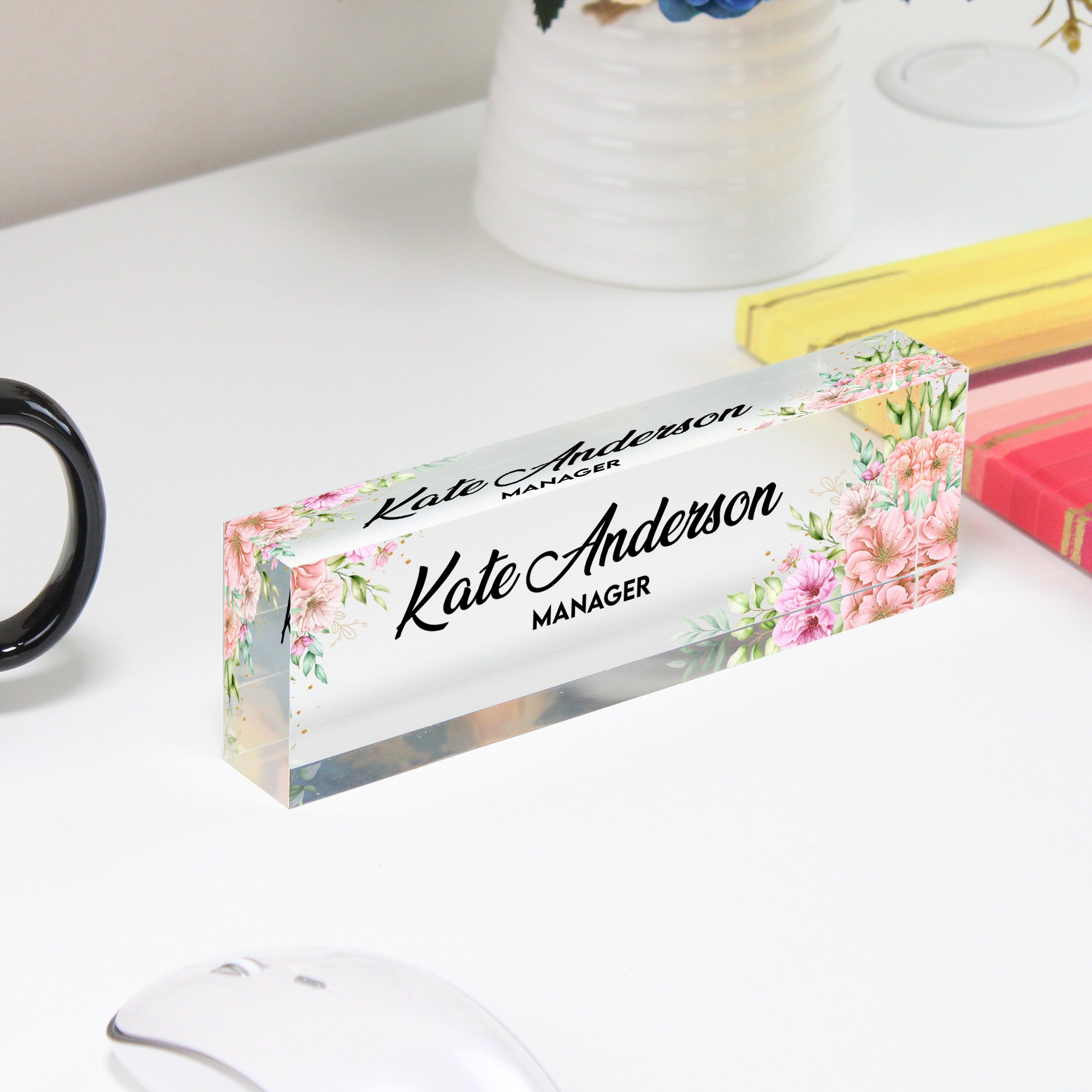 Personalized Floral Acrylic Desk Name Plate for Managers – Custom Office Decor with Elegant Floral Design - Image 4