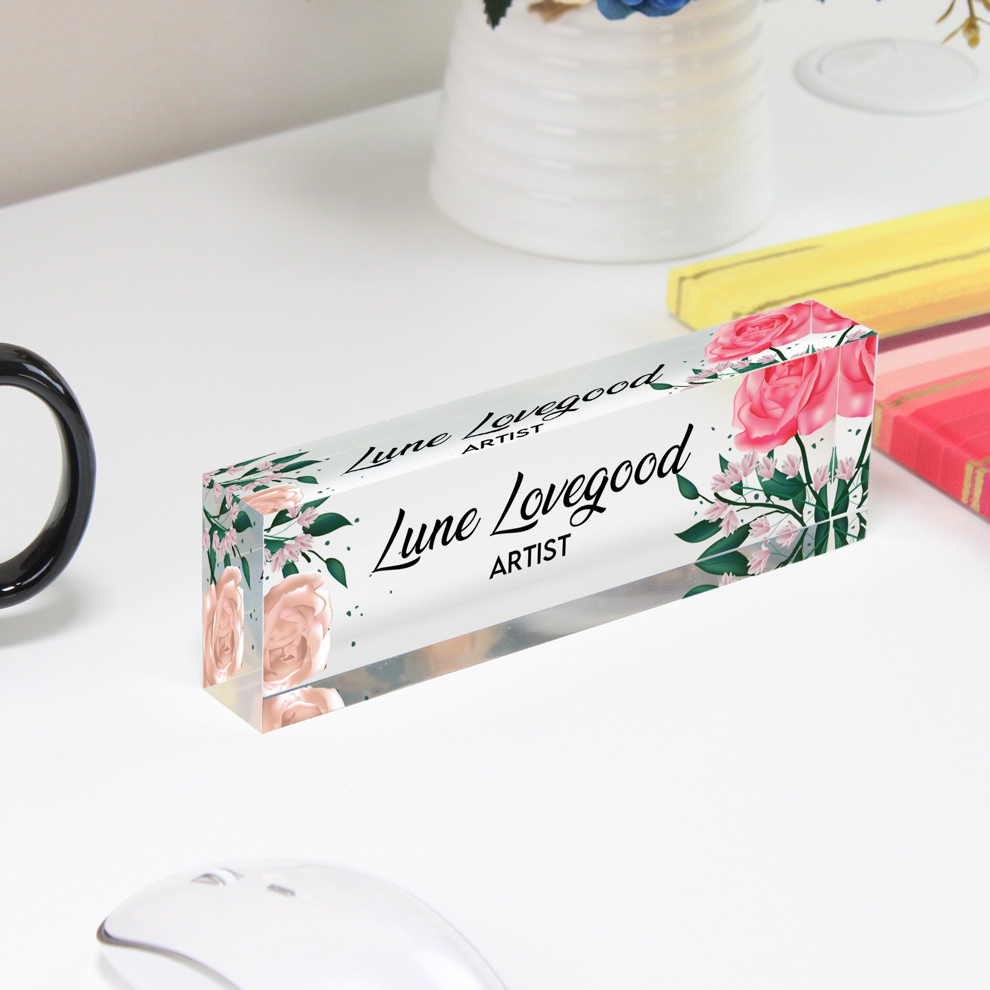 Personalized Floral Acrylic Desk Block - Custom Name and Title Art Decor for Unique Gift Giving - Image 4