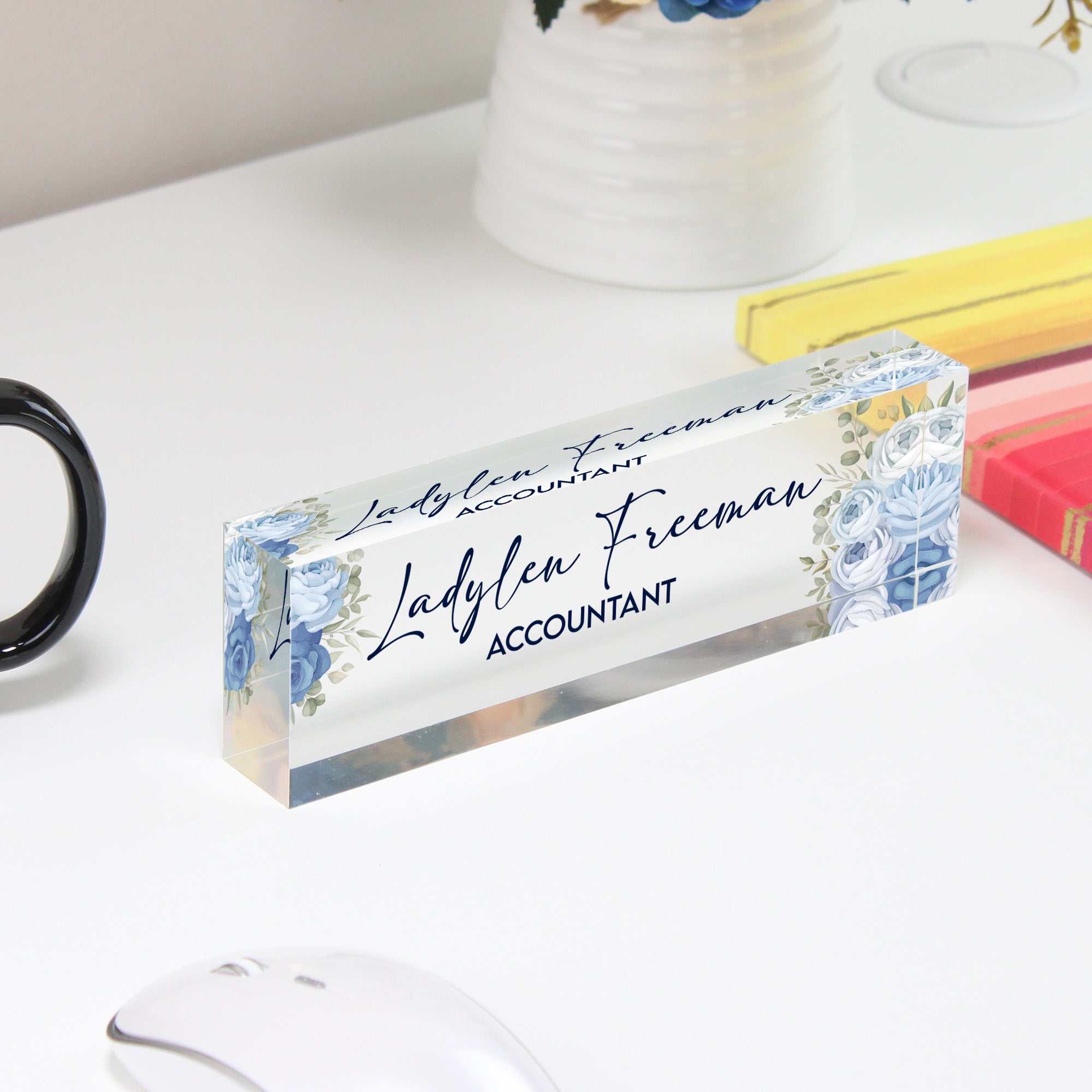 Personalized Acrylic Desk Nameplate with Elegant Blue Floral Design - Ideal Gift for Professionals and Home Offices - Image 4
