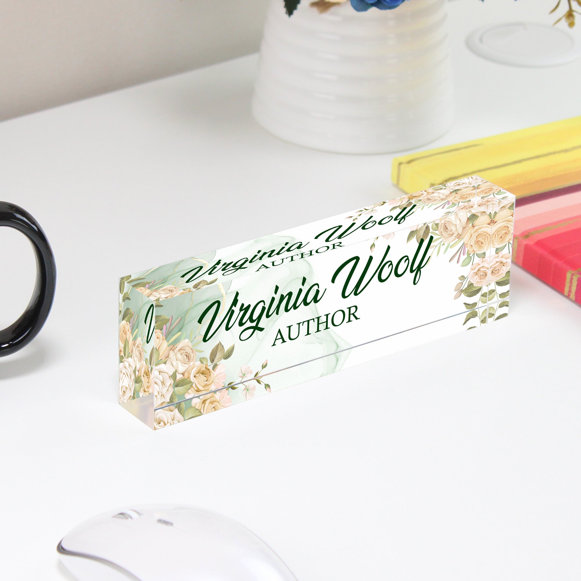 Personalized Floral Acrylic Desk Block - Elegant Name Plate for Authors, Writers, and Creative Professionals - Image 4