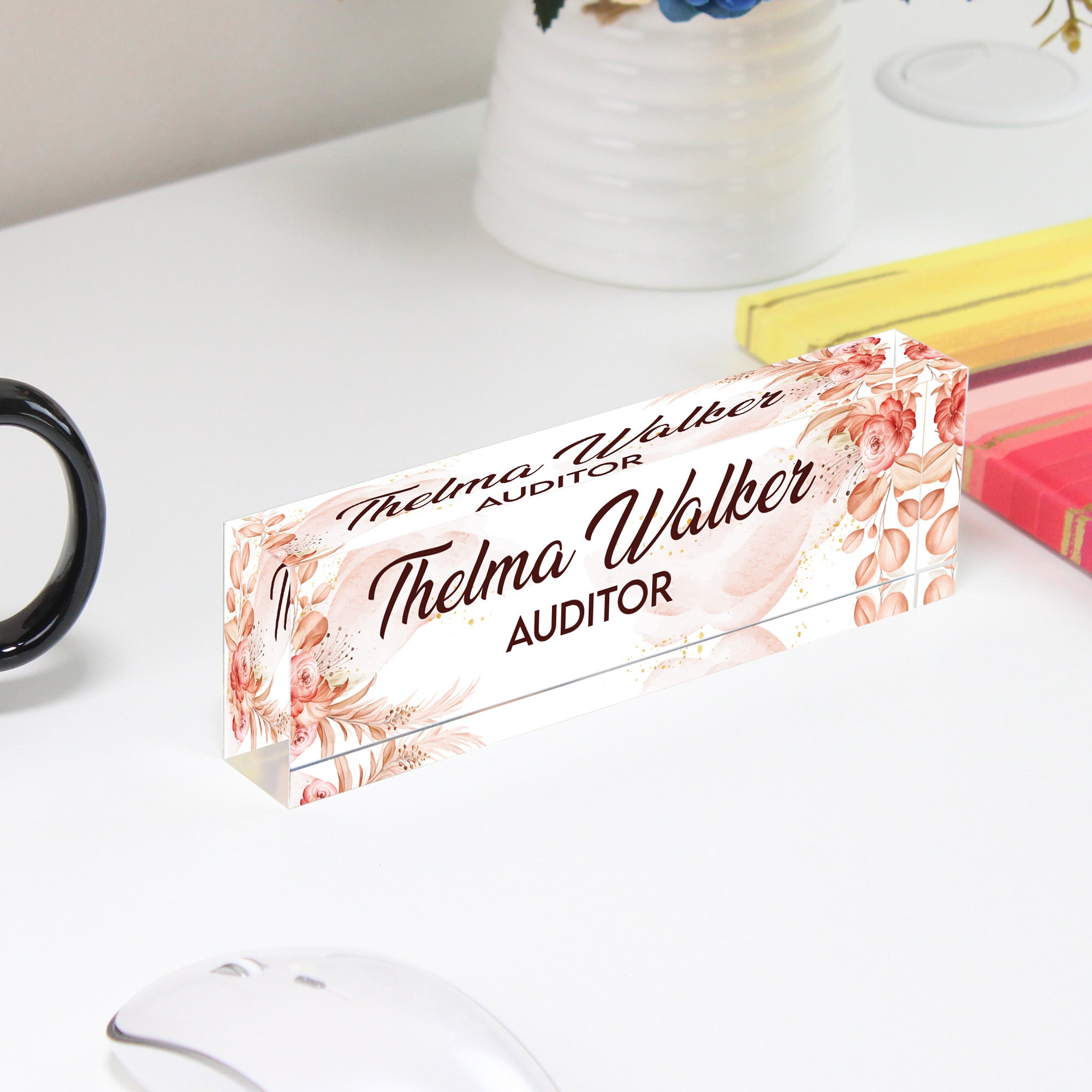 Personalized Floral Acrylic Desk Name Plate – Custom Name Block for Auditors – Elegant Office Gift with Rustic Floral Design - Image 4