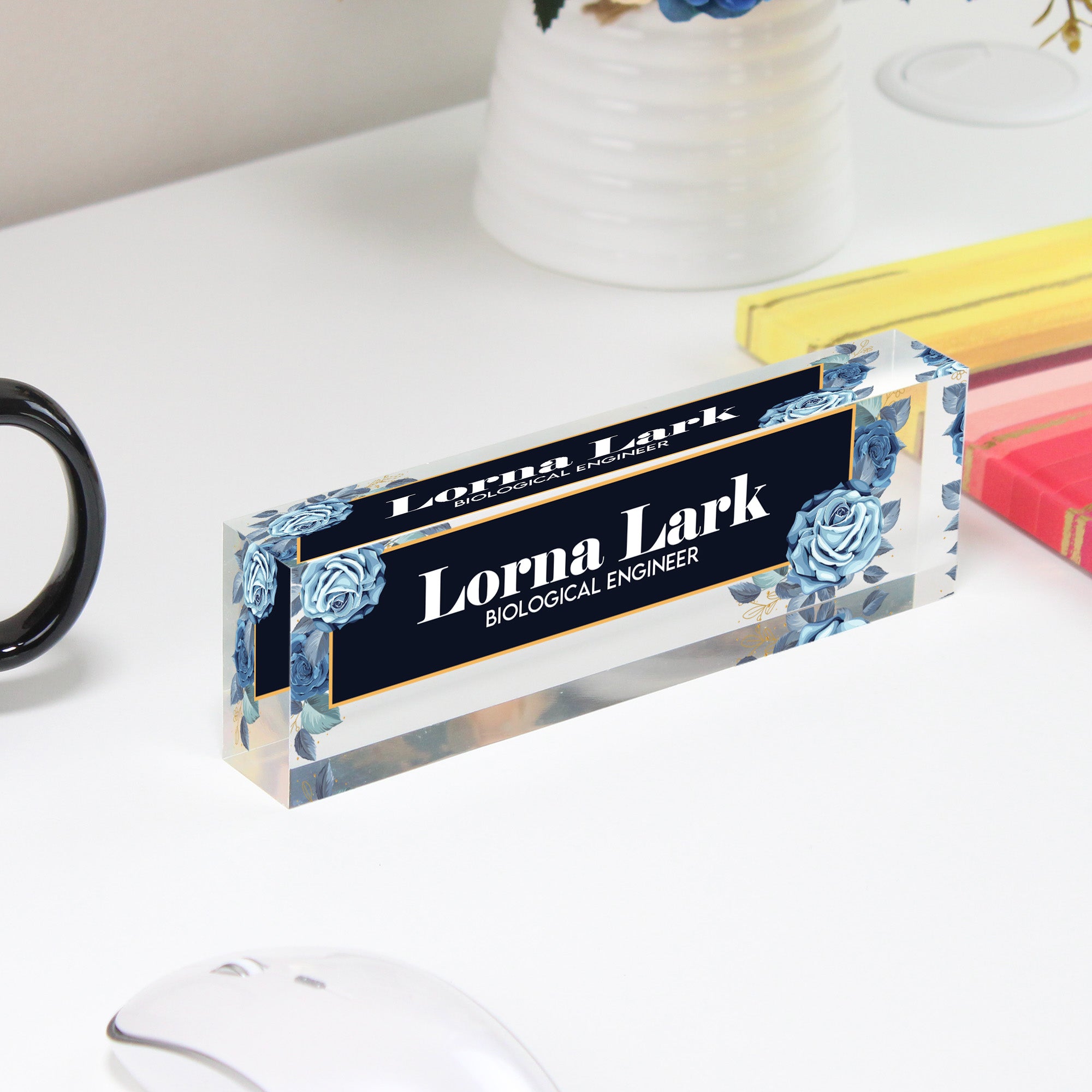 Personalized Acrylic Desk Block with Elegant Blue Rose Design - Custom Nameplate for Professionals and Gift Occasions - Image 4