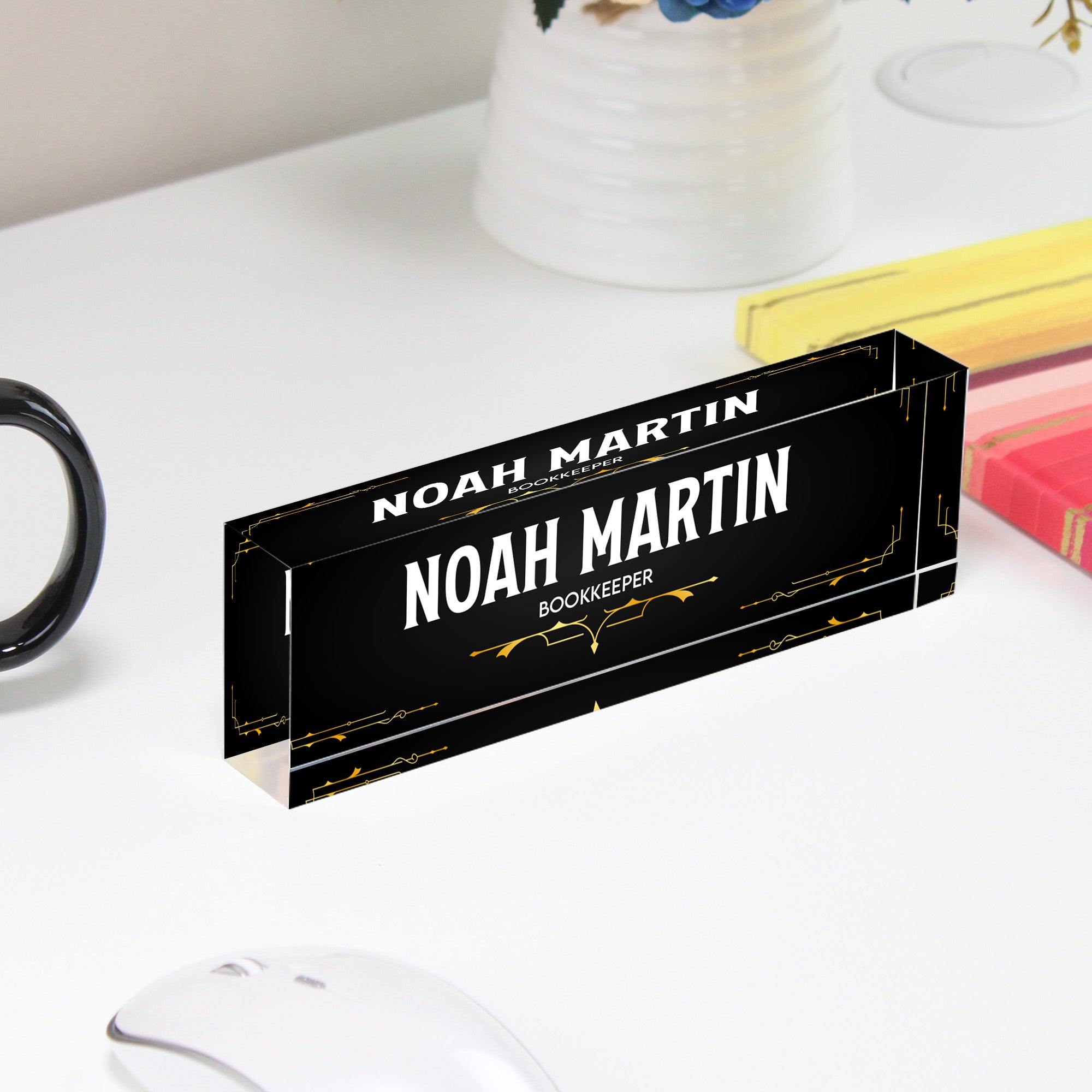 Personalized Acrylic Desk Name Plate - Custom Engraved Bookkeeper Gift with Elegant Art Deco Design - Image 4