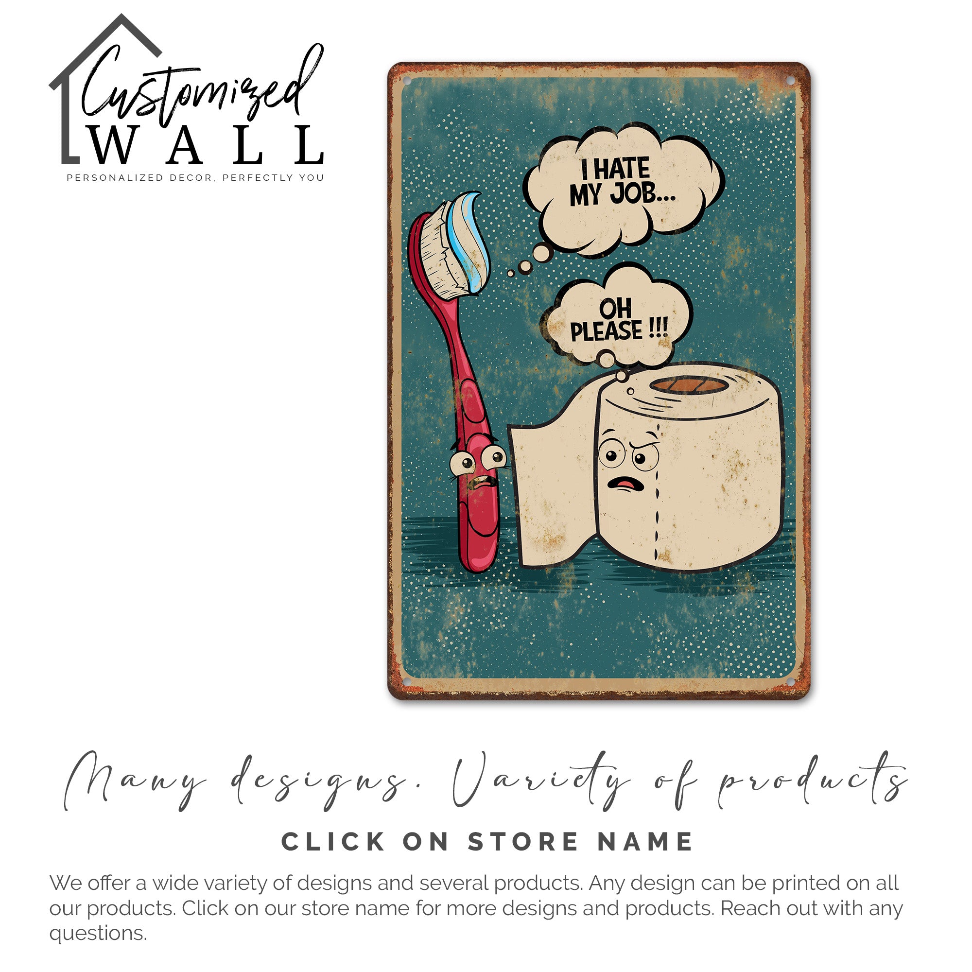 "Cheeky Bathroom Decor: Personalized Rusty-Look Metal Sign with Humorous Toothbrush & Toilet Roll Conversation" - Image 6