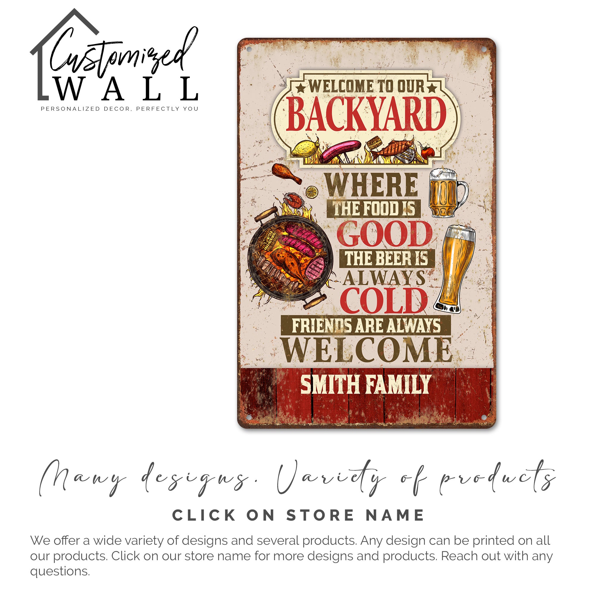 Personalized Family Metal Backyard Sign - Custom BBQ Decor with Beer and Food Theme for Outdoor Gatherings - Image 6
