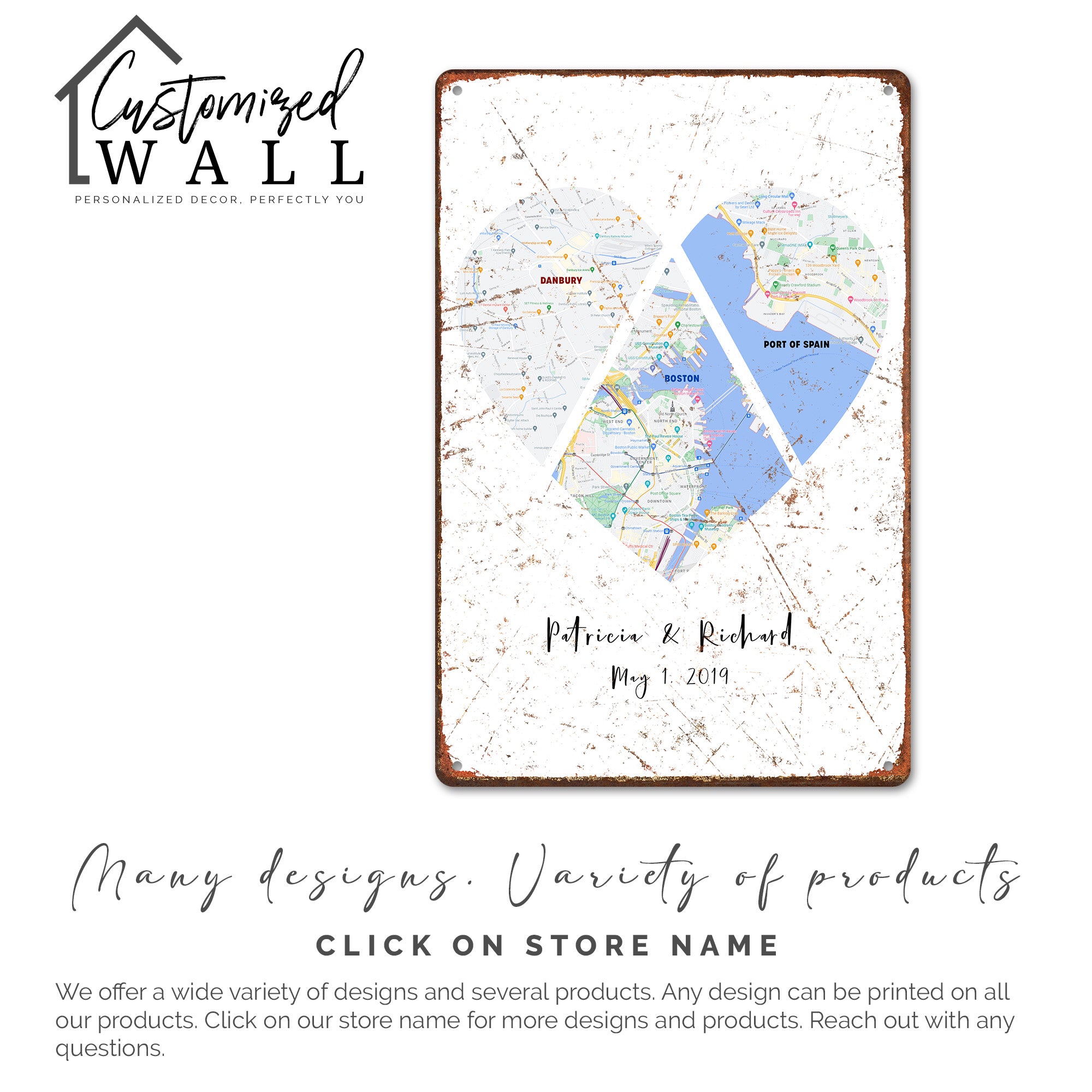 Personalized Heart-Shaped Map Metal Sign - Commemorate Special Places and Memories with Custom Dates and Names - Image 6