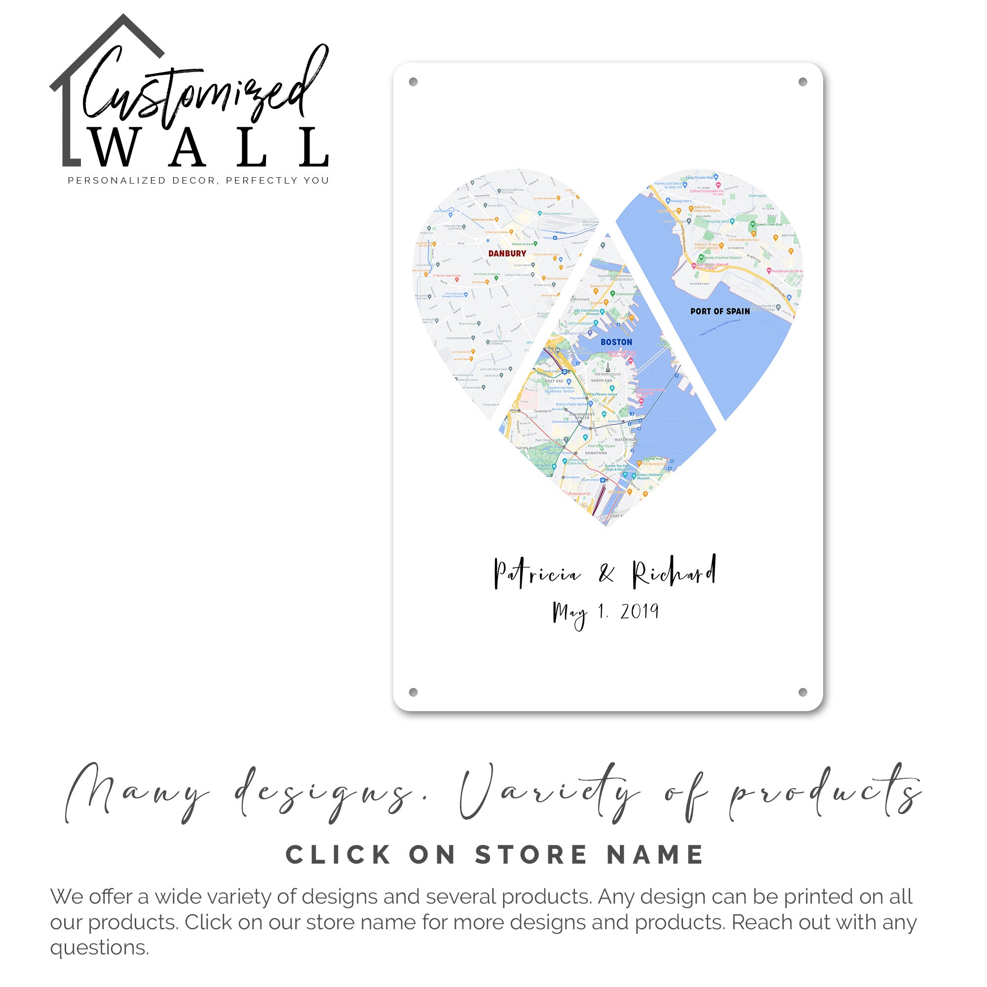 Personalized Heart-Shaped Map Metal Sign - Commemorate Special Places and Memories with Custom Dates and Names - Image 7