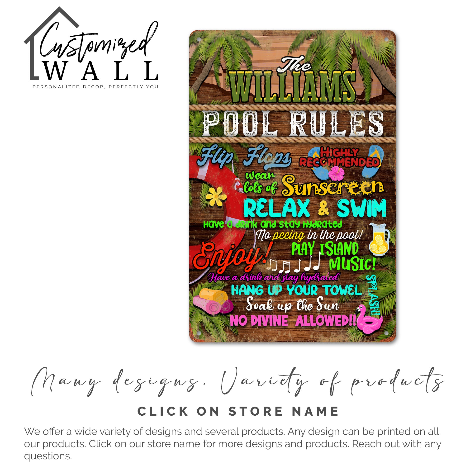 Personalized Pool Rules Metal Sign - Custom Family Name Poolside Decor with Tropical Vibes - Image 6