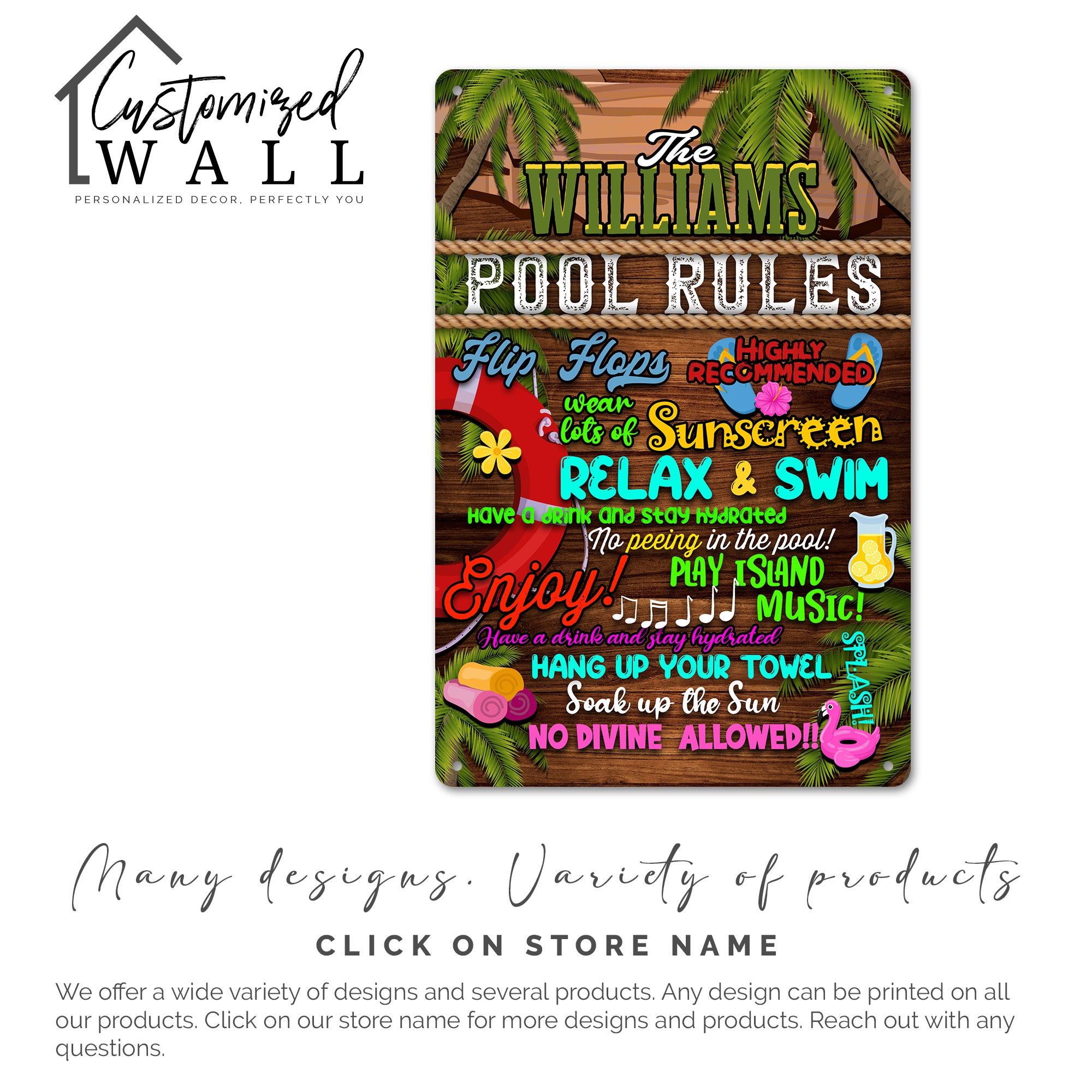 Personalized Pool Rules Metal Sign - Custom Family Name Poolside Decor with Tropical Vibes - Image 7