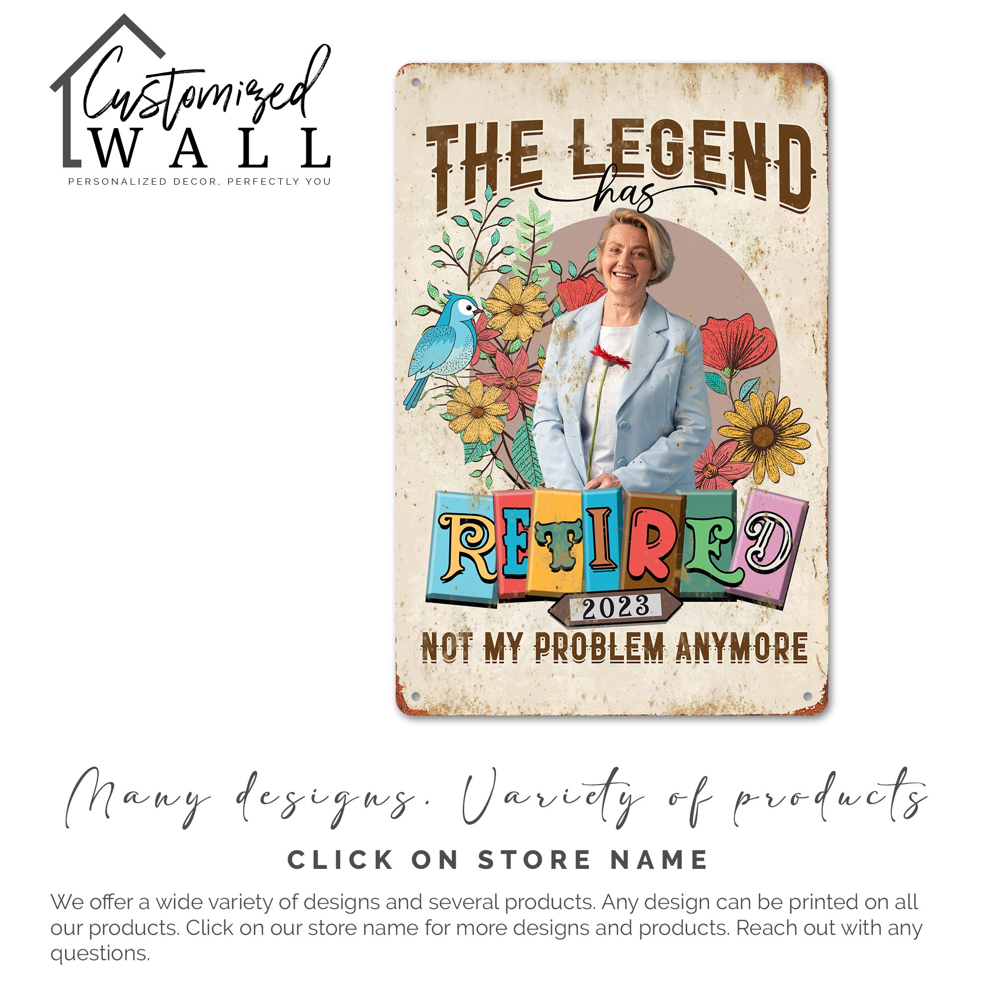 Personalized Retirement Metal Sign - "The Legend Has Retired" 2023 - Custom Floral Design for Ultimate Retirement Celebration - Image 4