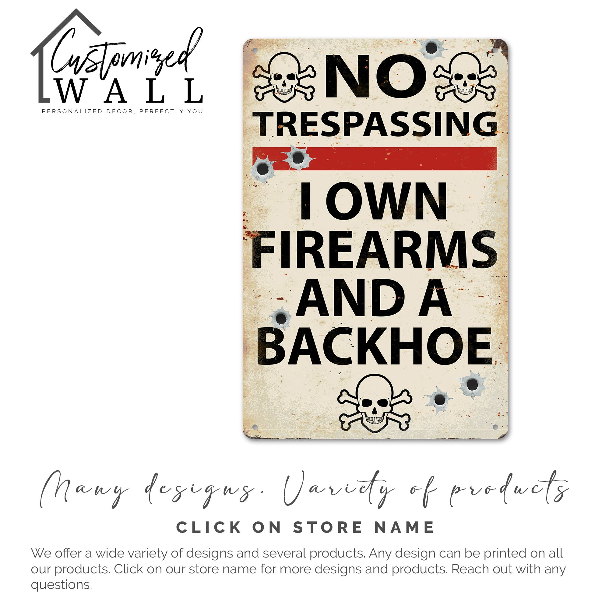 Personalized "No Trespassing" Metal Sign with Skulls and Bullet Holes – Perfect for Gun Owners and Humor Enthusiasts - Image 6
