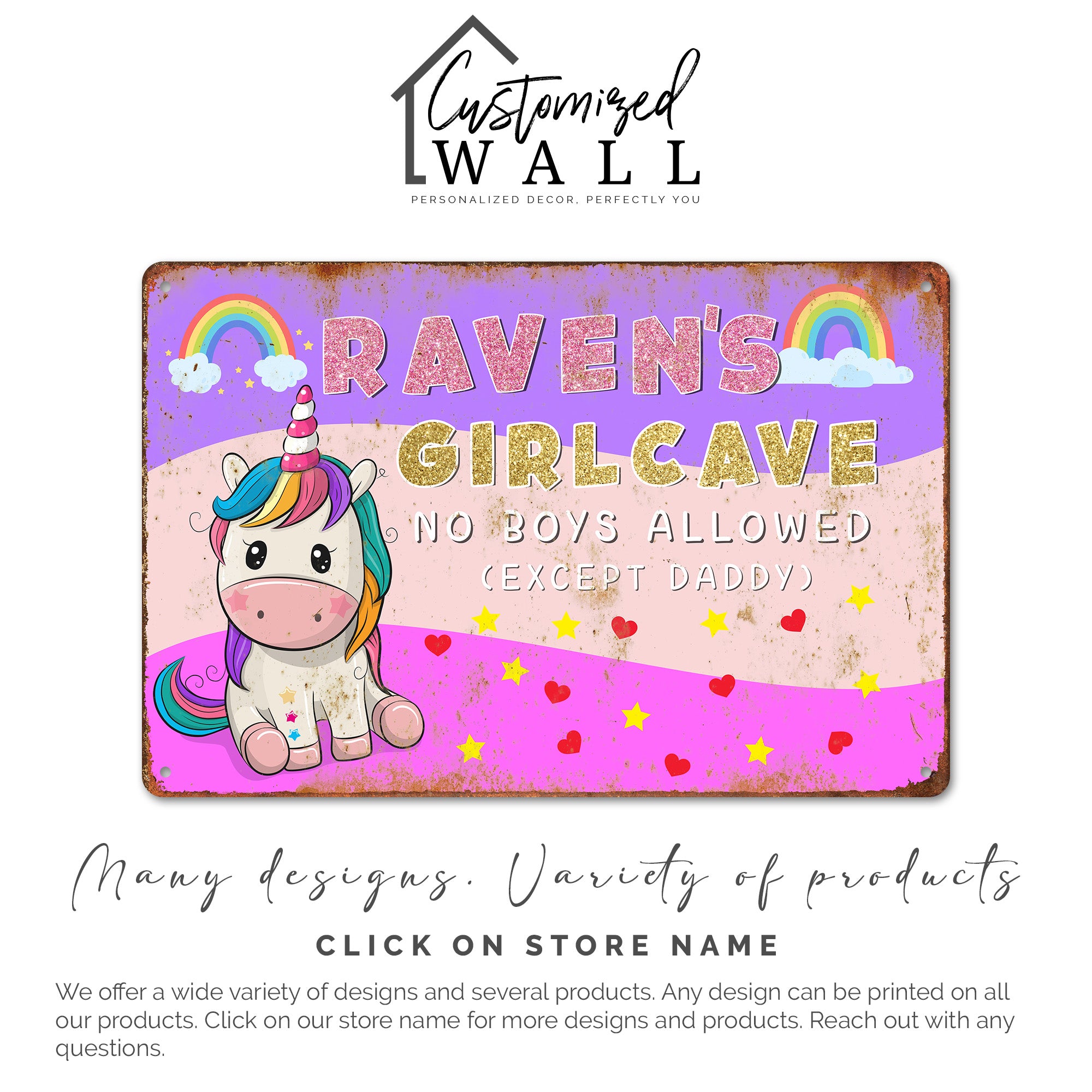 Personalized Unicorn Girl Cave Metal Sign – Custom Name Decor for Kids Room, Birthday Gift for Girls, Rainbow and Heart Design - Image 6