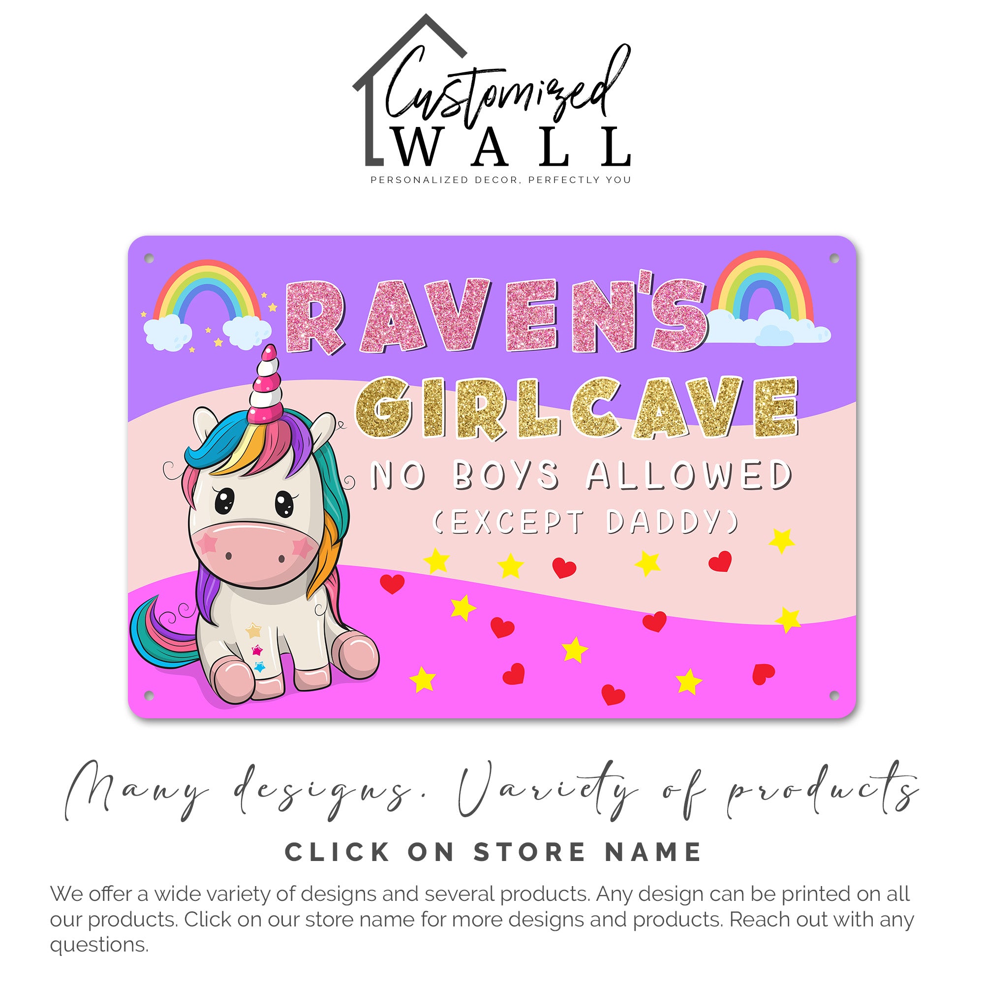 Personalized Unicorn Girl Cave Metal Sign – Custom Name Decor for Kids Room, Birthday Gift for Girls, Rainbow and Heart Design - Image 7