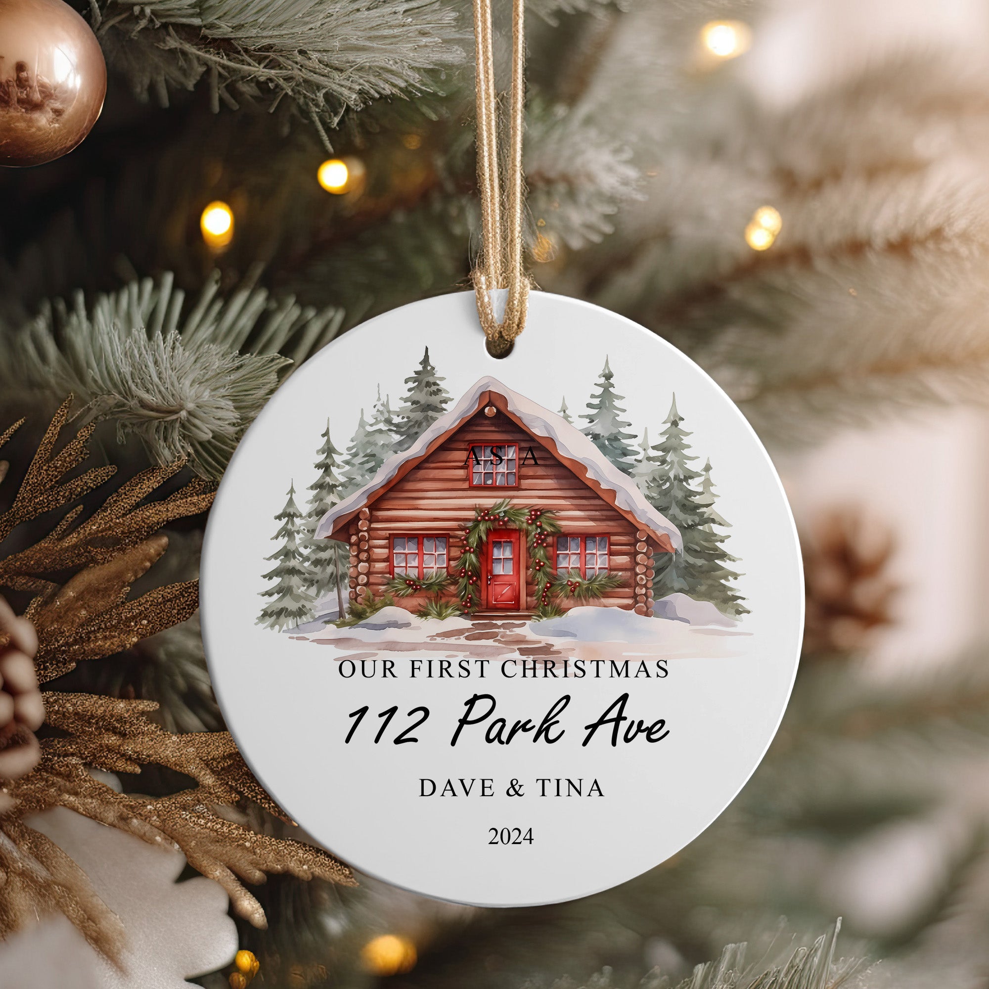 Personalized Handmade First Christmas Ornament - Custom Engraved Ceramic Cabin Design with Names & Address - Perfect Gift for Couples - Image 4