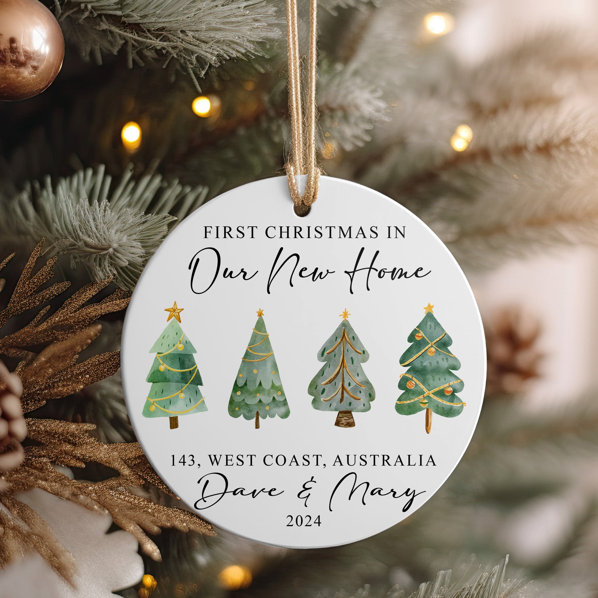 Personalized First Christmas in New Home Ceramic Ornament – Artistic Watercolor Design, Unique Gift, 2024 Edition - Image 4
