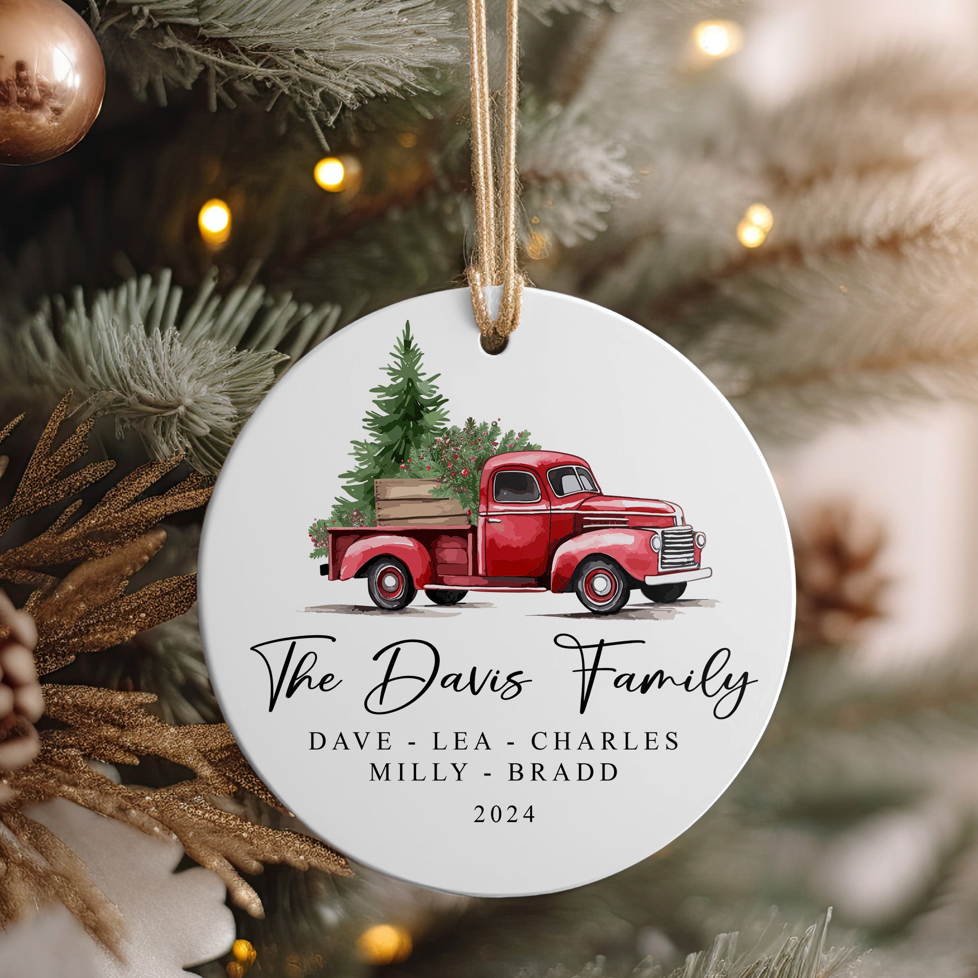 Personalized Family Red Vintage Truck Ceramic Ornament – Custom Christmas Keepsake with Elegant Script - Image 4