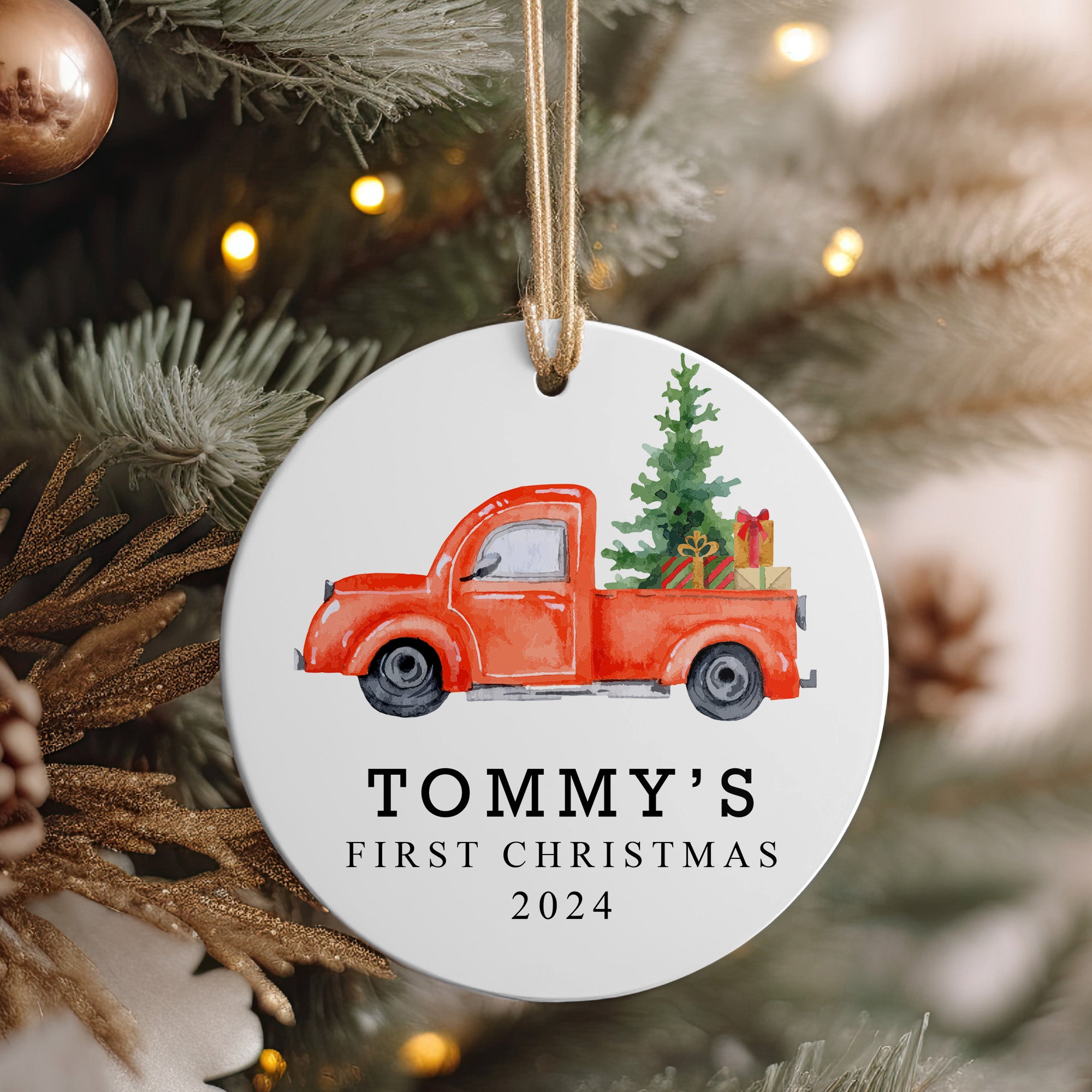 Personalized Baby's First Christmas 2024 Ceramic Ornament with Vintage Red Truck Design - Image 4
