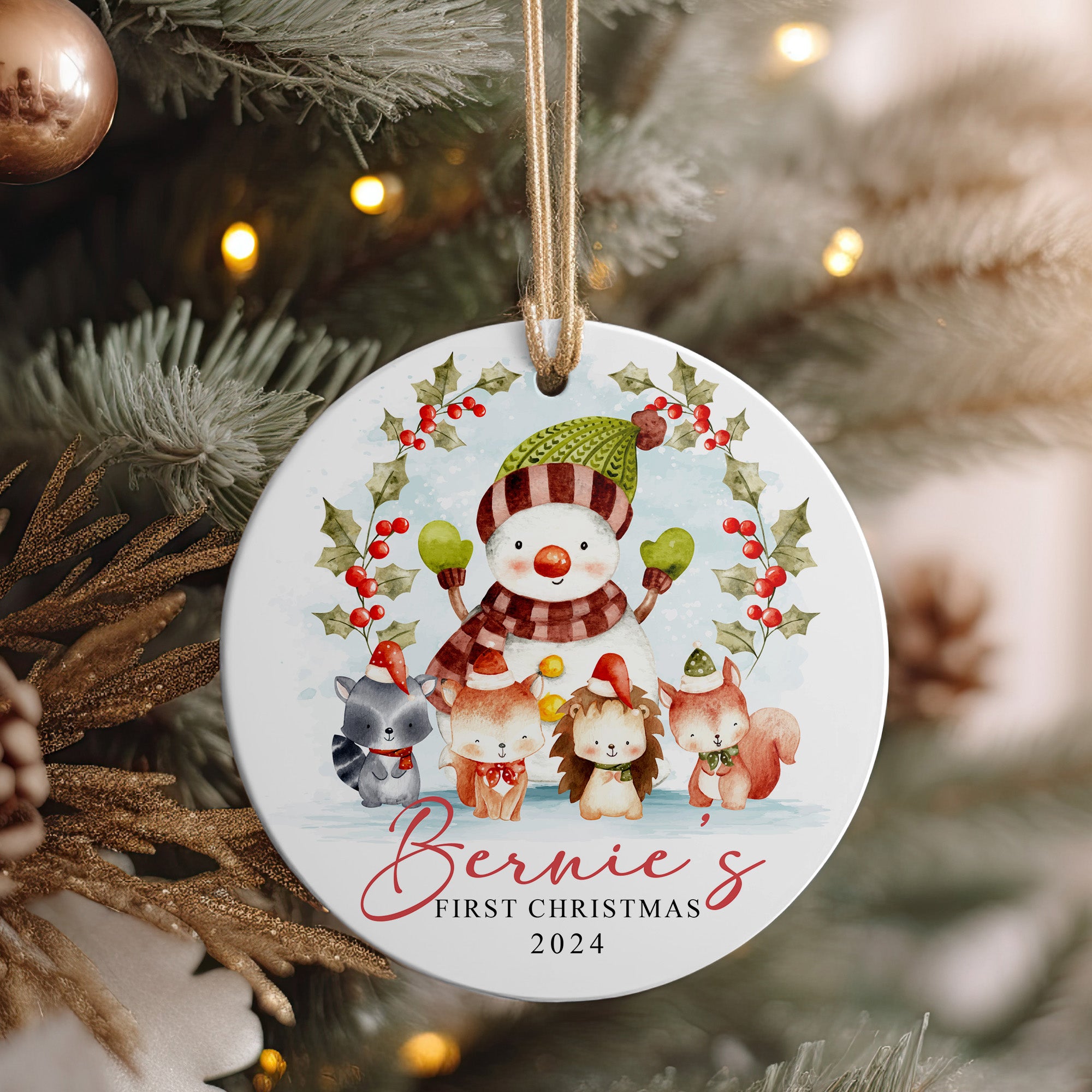 Personalized 2024 Ceramic Ornament - "Bernie's First Christmas" with Cute Woodland Animals and Snowman Design - Image 4