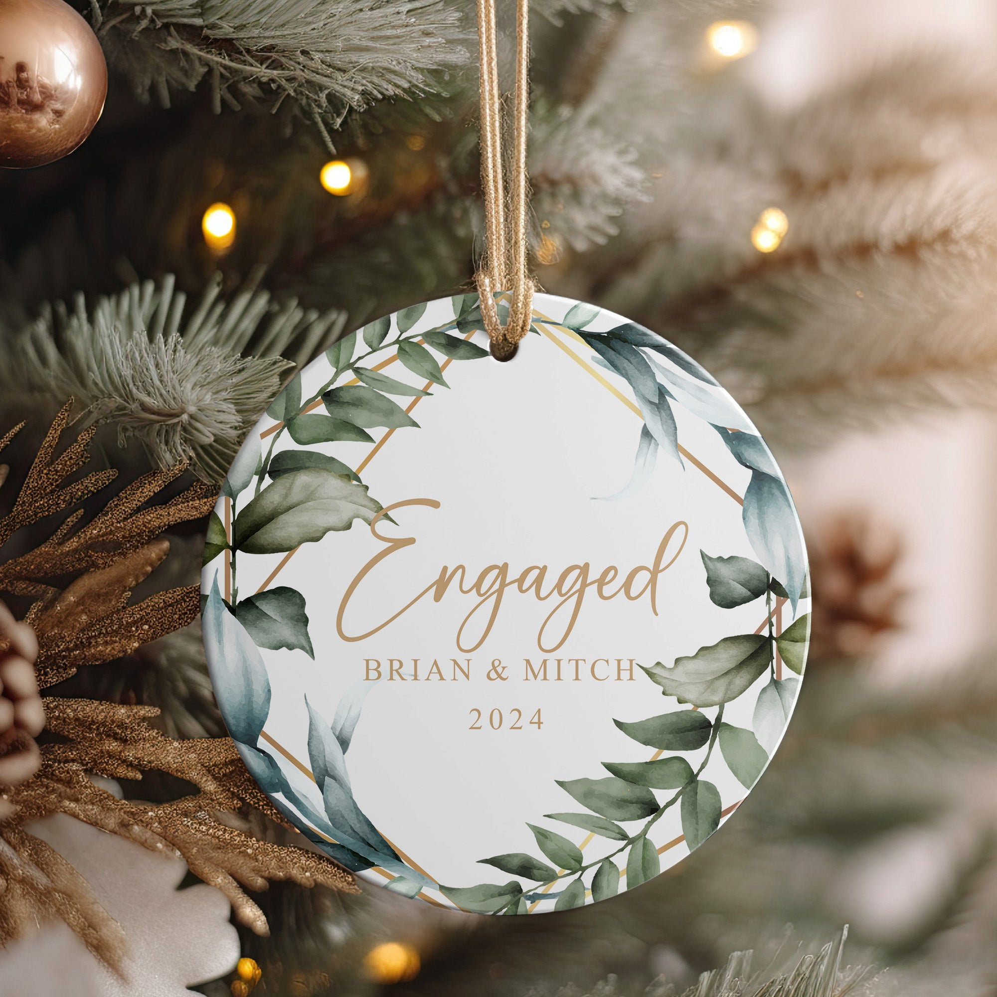 Personalized Engagement Ceramic Ornament - Elegant Greenery Design - Perfect Gift for Couples - Celebrate Love in 2024 - Image 4