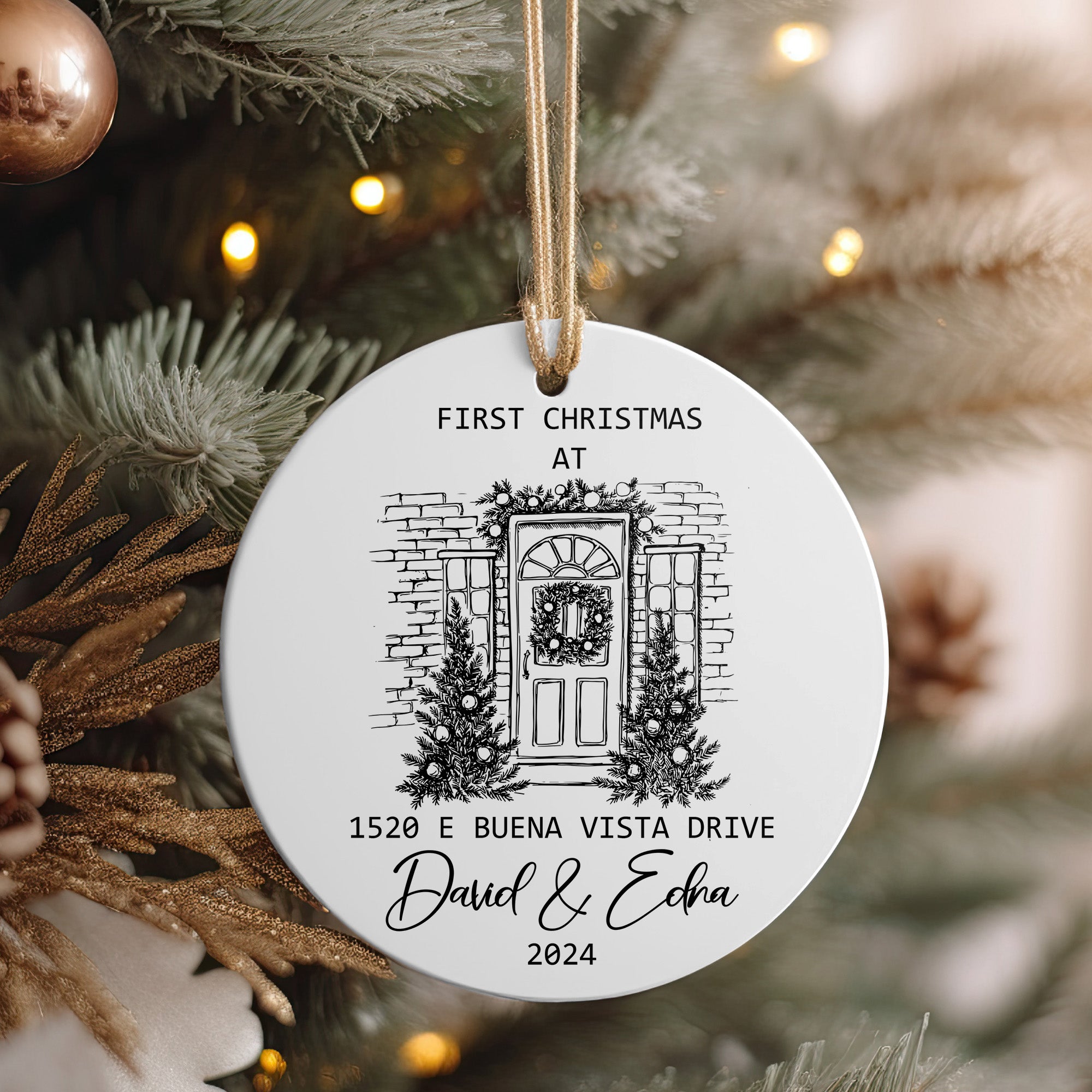 Personalized First Christmas Ceramic Ornament with Hand Drawn Home Design – Custom Address and Names for a Memorable Holiday - Image 4