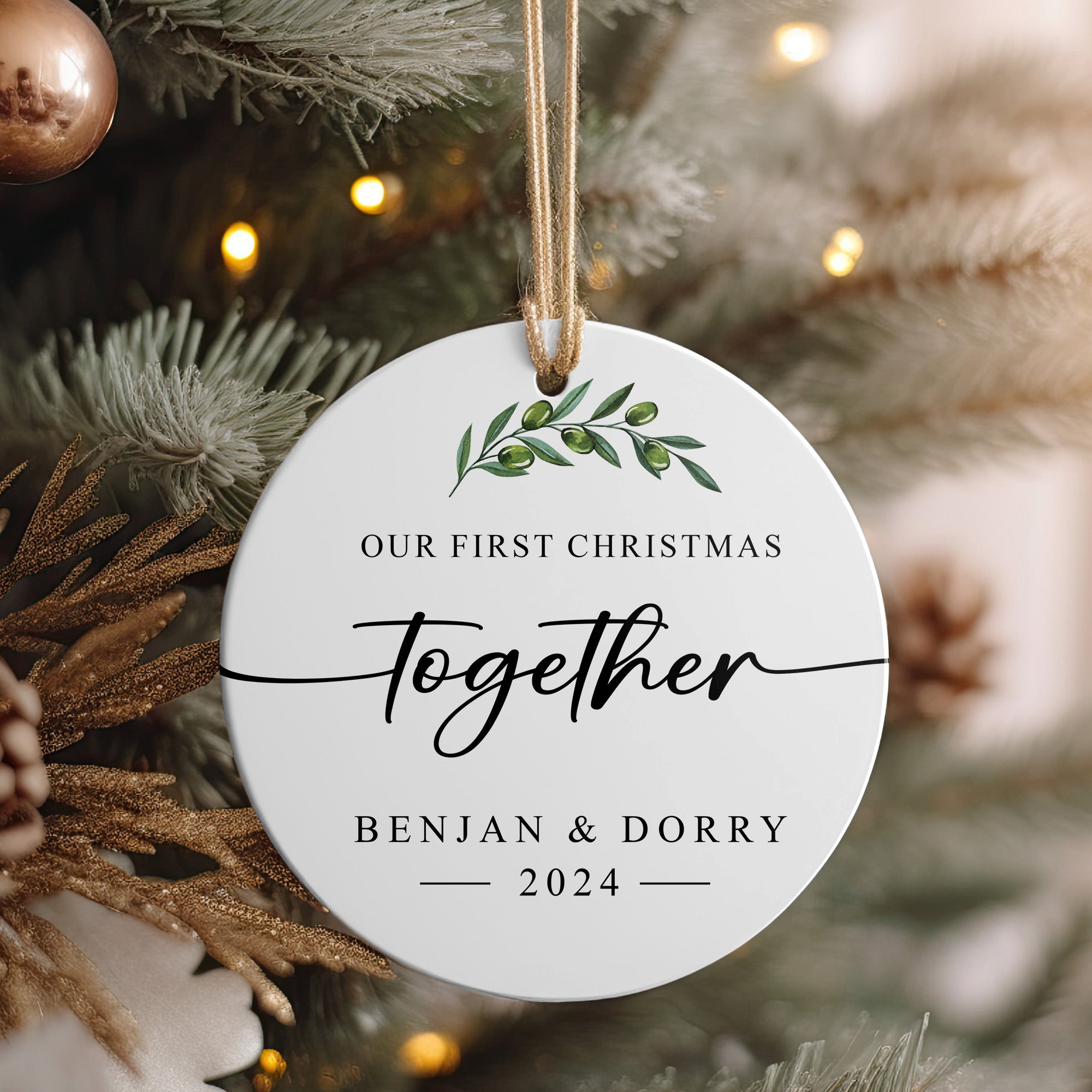 Personalized "Our First Christmas Together" Ceramic Ornament - Custom Couple's Keepsake with Elegant Olive Leaf Design for 2024 - Image 4