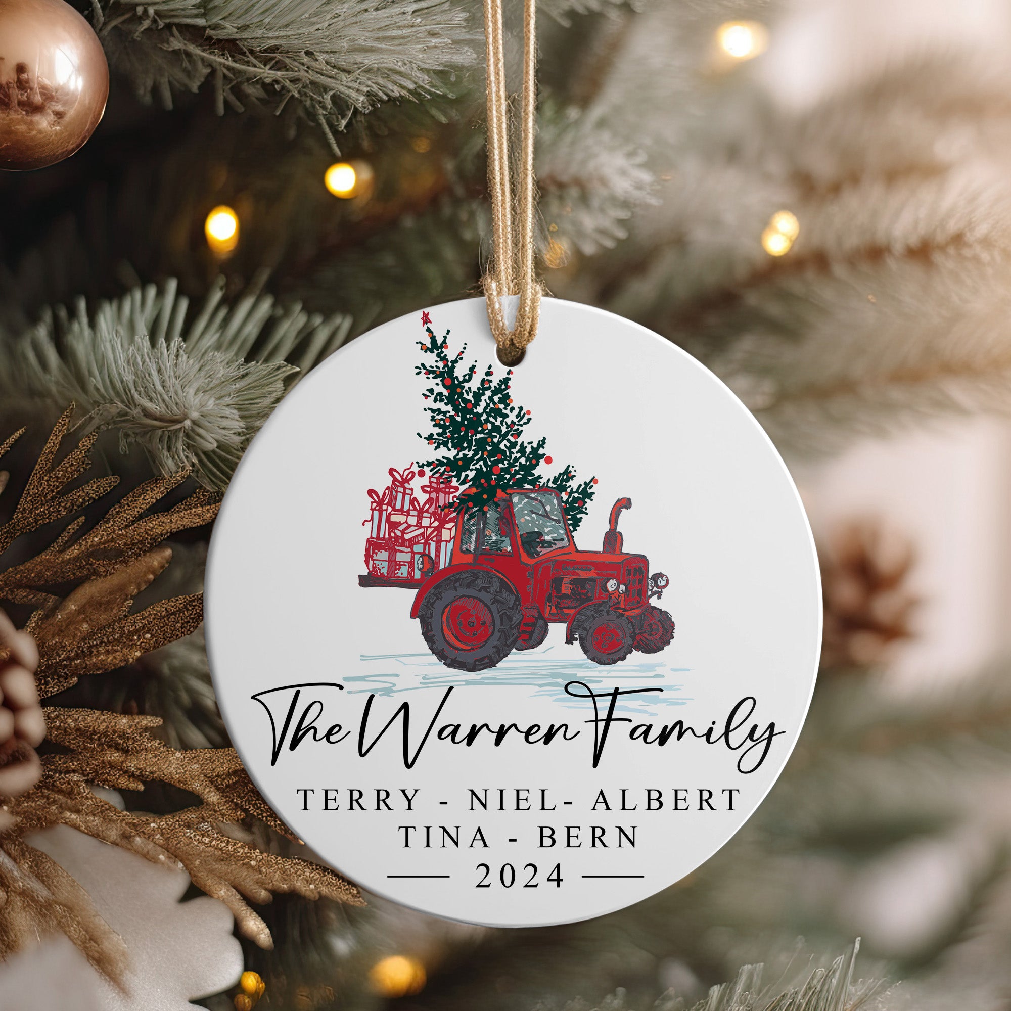 Personalized Family Christmas Ornament - Custom Ceramic Keepsake with Red Tractor & Festive Design - Perfect for Holiday Gift & Decoration 2024 - Image 4