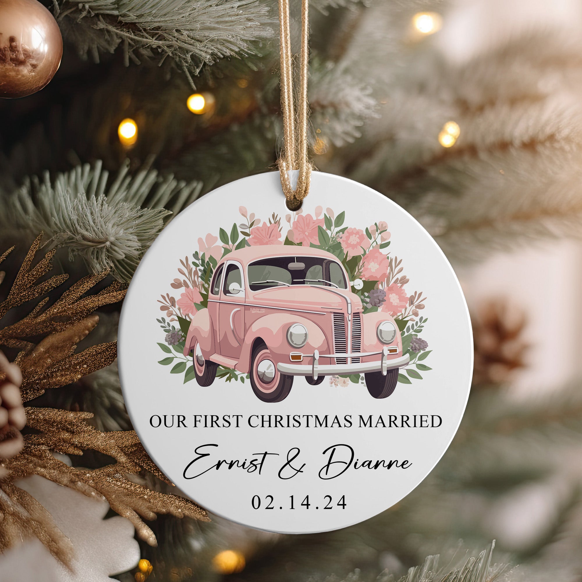 Personalized "Our First Christmas Married" Ceramic Ornament - Vintage Car Design for Newlyweds, Custom Date & Names - Image 4