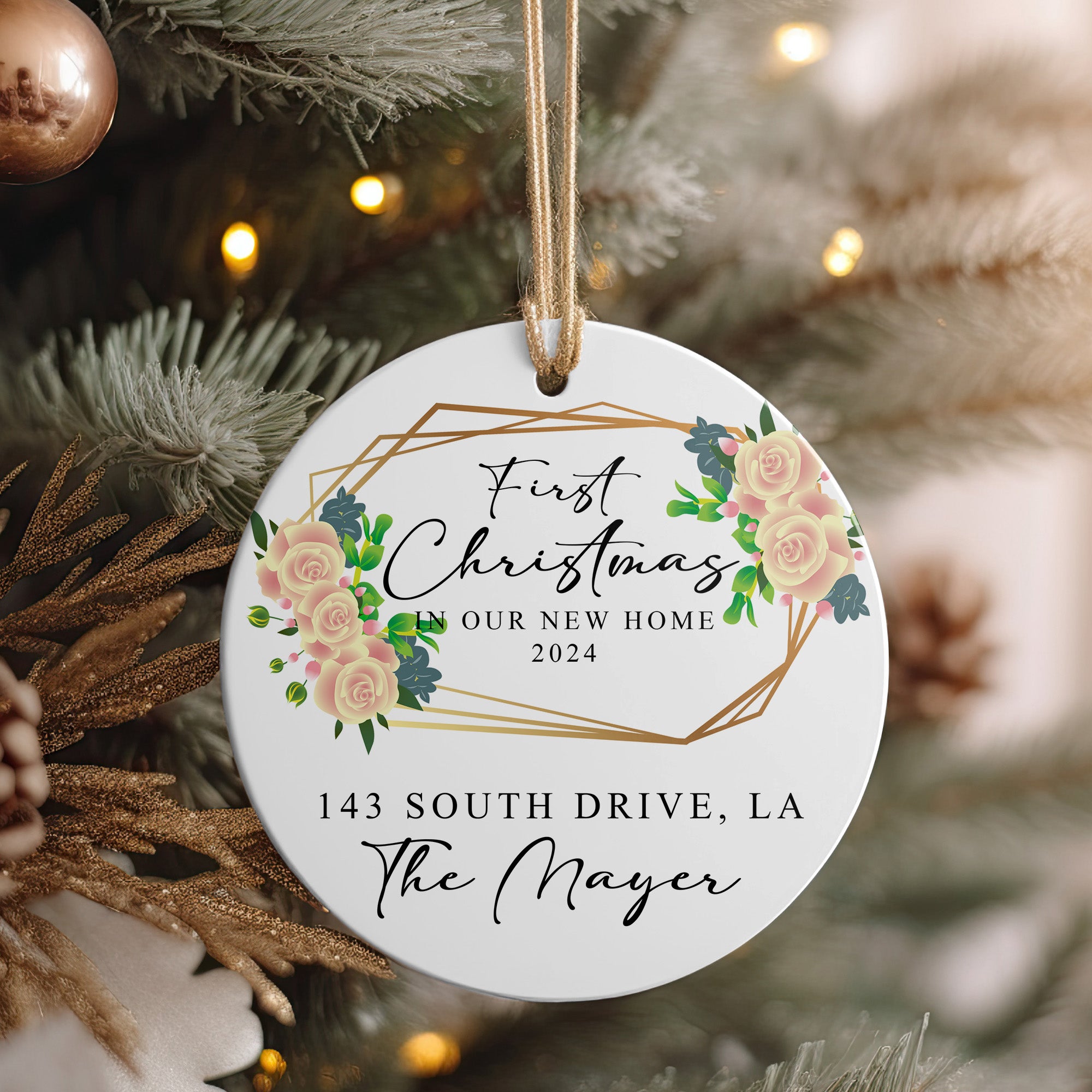 Personalized First Christmas in New Home 2024 Ceramic Ornament – Handcrafted Keepsake with Elegant Floral Design - Image 4