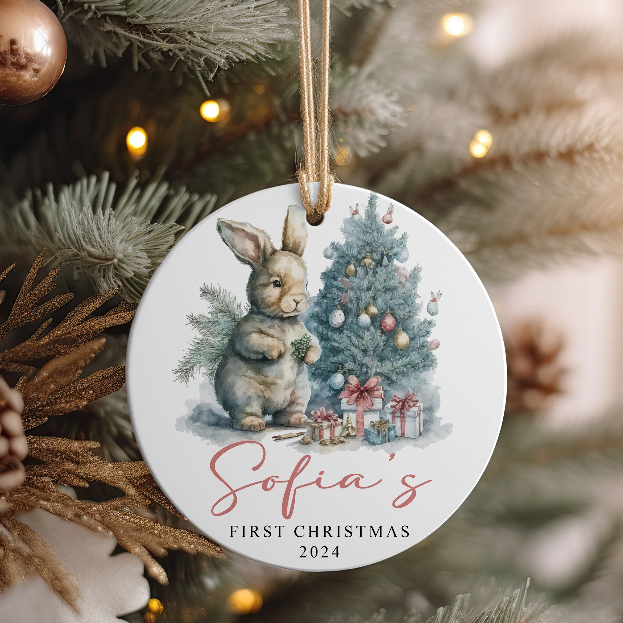 Personalized Baby's First Christmas Ceramic Ornament 2024 - Custom Name Keepsake with Adorable Bunny Design - Image 4