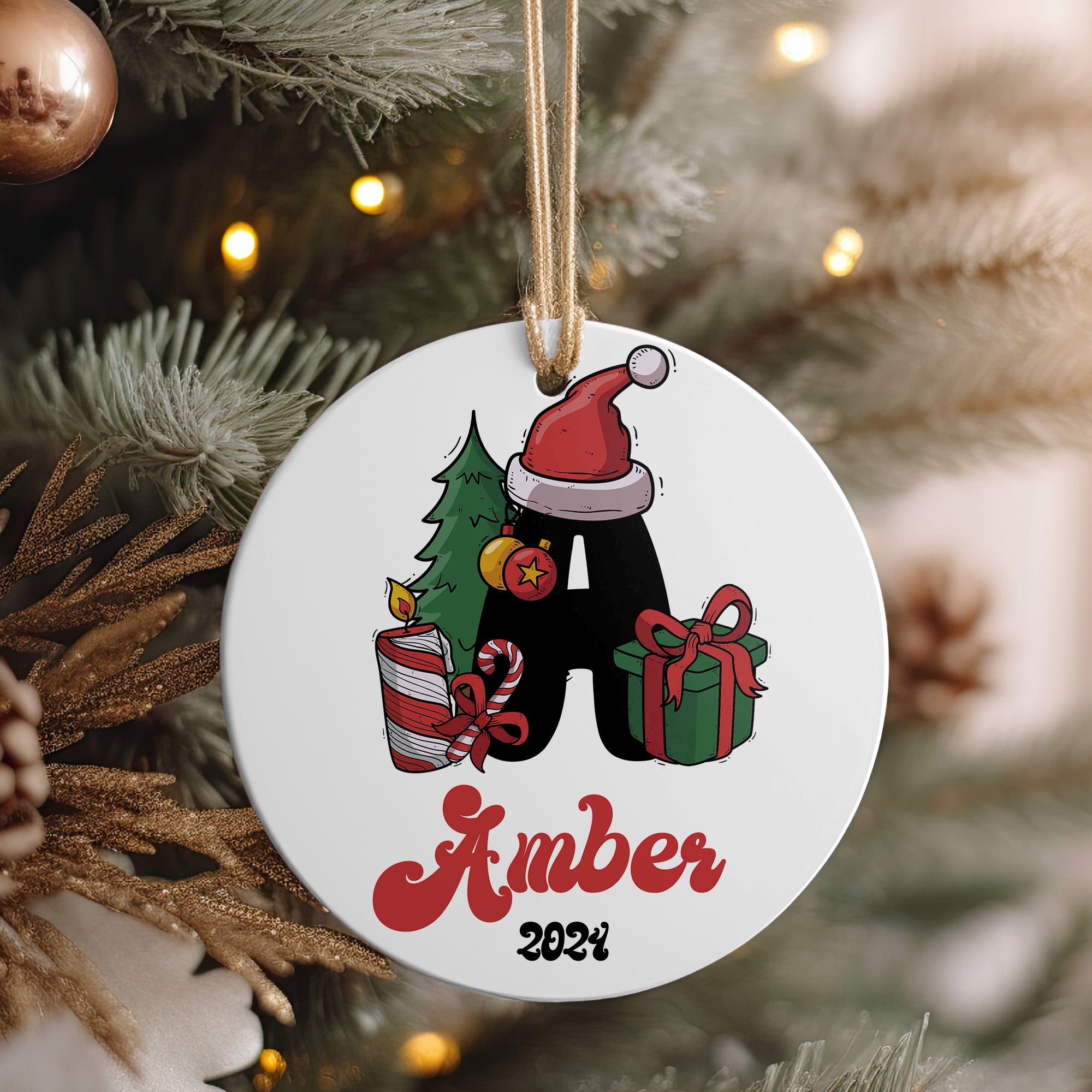Personalized Christmas Ceramic Ornament with Santa and Gifts - Perfect Holiday Keepsake for Amber 2024 - Image 4