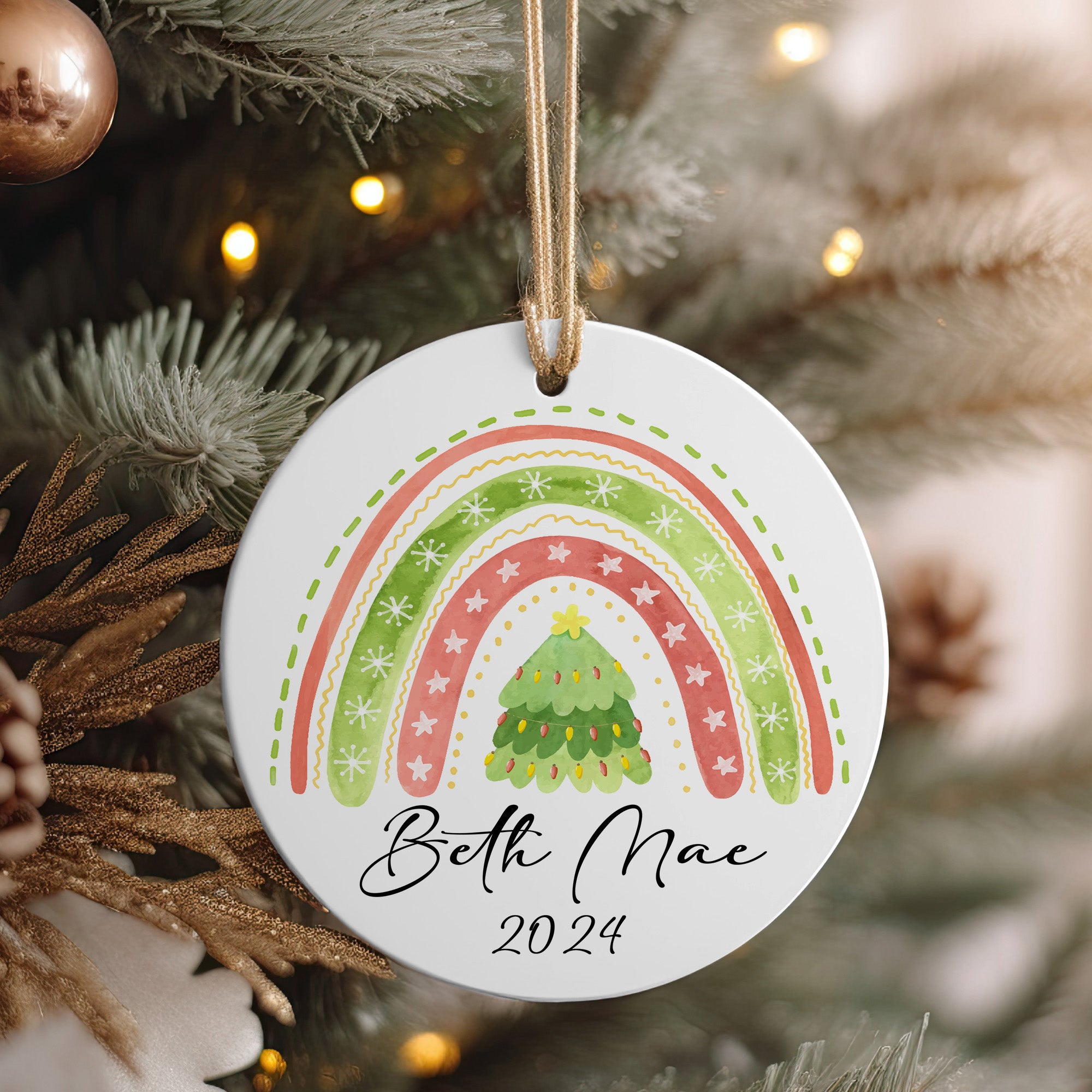 Personalized Christmas Ceramic Ornament with Hand-Painted Rainbow and Tree Design - Custom Name & Year - Perfect Holiday Gift - Image 4