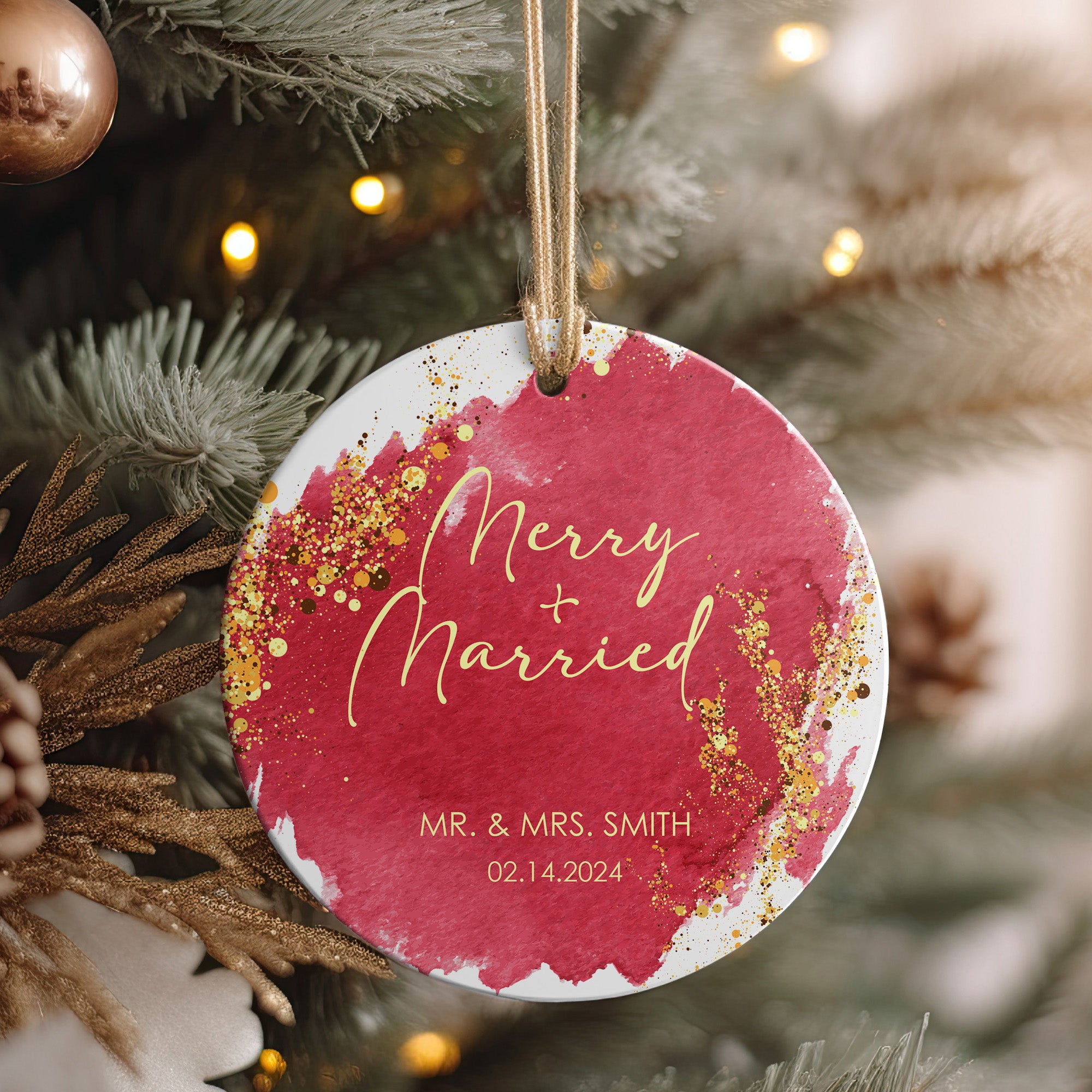 Personalized "Merry + Married" Ceramic Ornament - Unique Wedding Keepsake, Custom Date & Names - Image 4