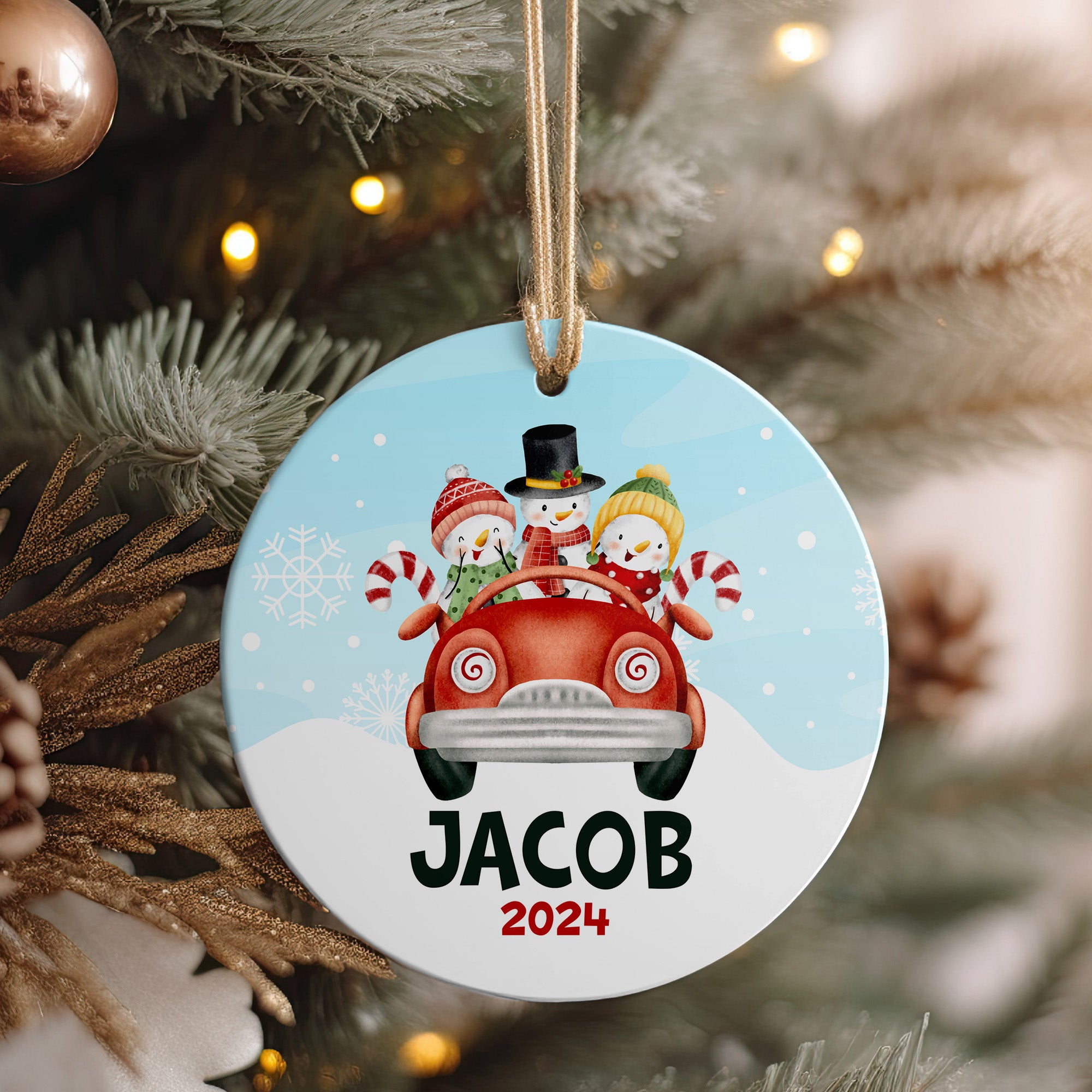 Personalized 2024 Ceramic Ornament with Snowman Family in Red Car - Custom Name Gift for Holidays - Image 4