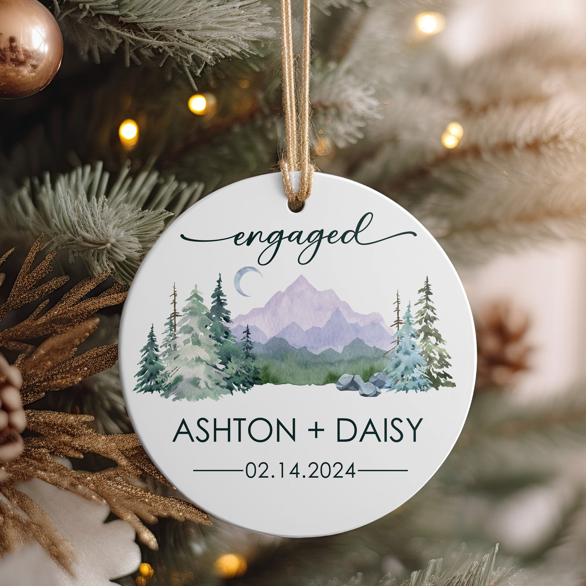 Personalized Engaged Ceramic Ornament – Custom Keepsake for Announcements, Featuring Rustic Mountain Design - Image 4