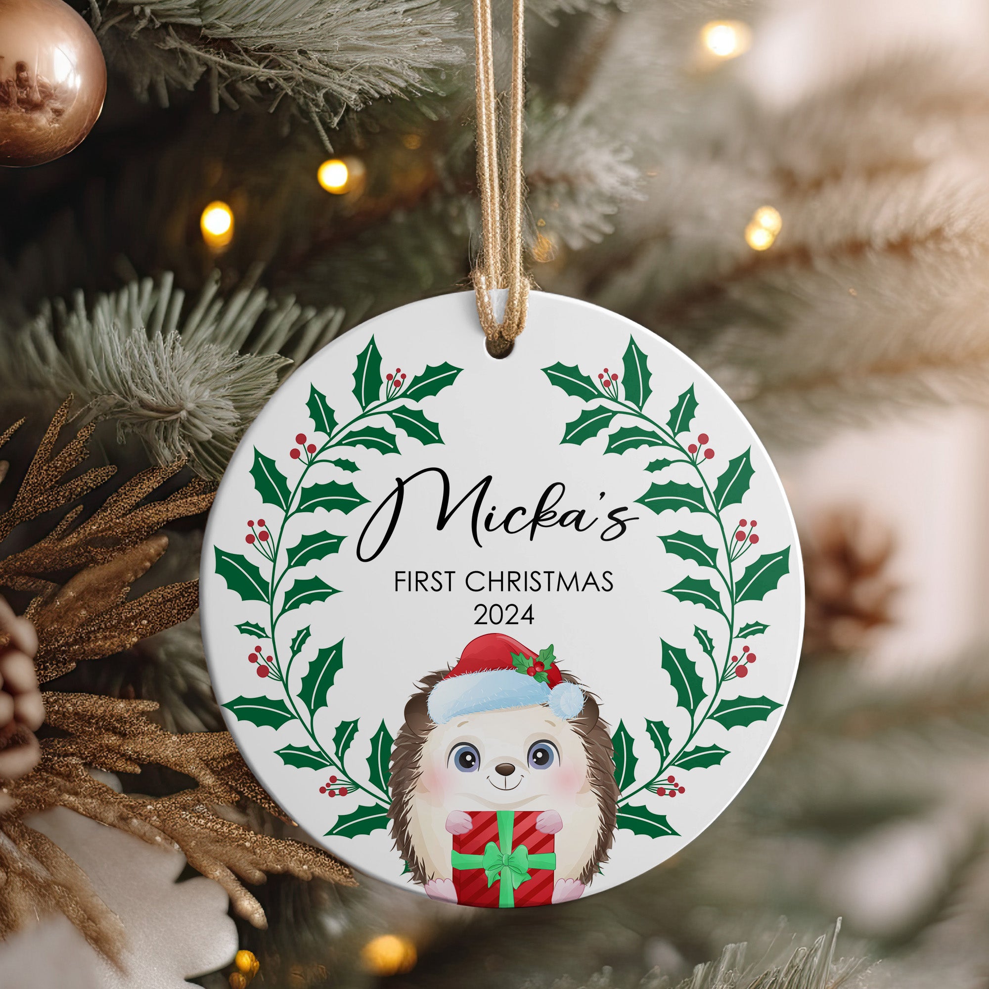 Personalized "First Christmas" Ceramic Ornament 2024 - Handcrafted Holly & Hedgehog Design - Image 4